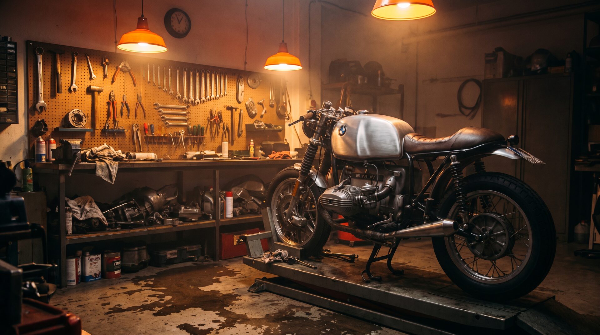 KOLBEN & KETTE – Custom-Motorradwerkstatt bei Nacht