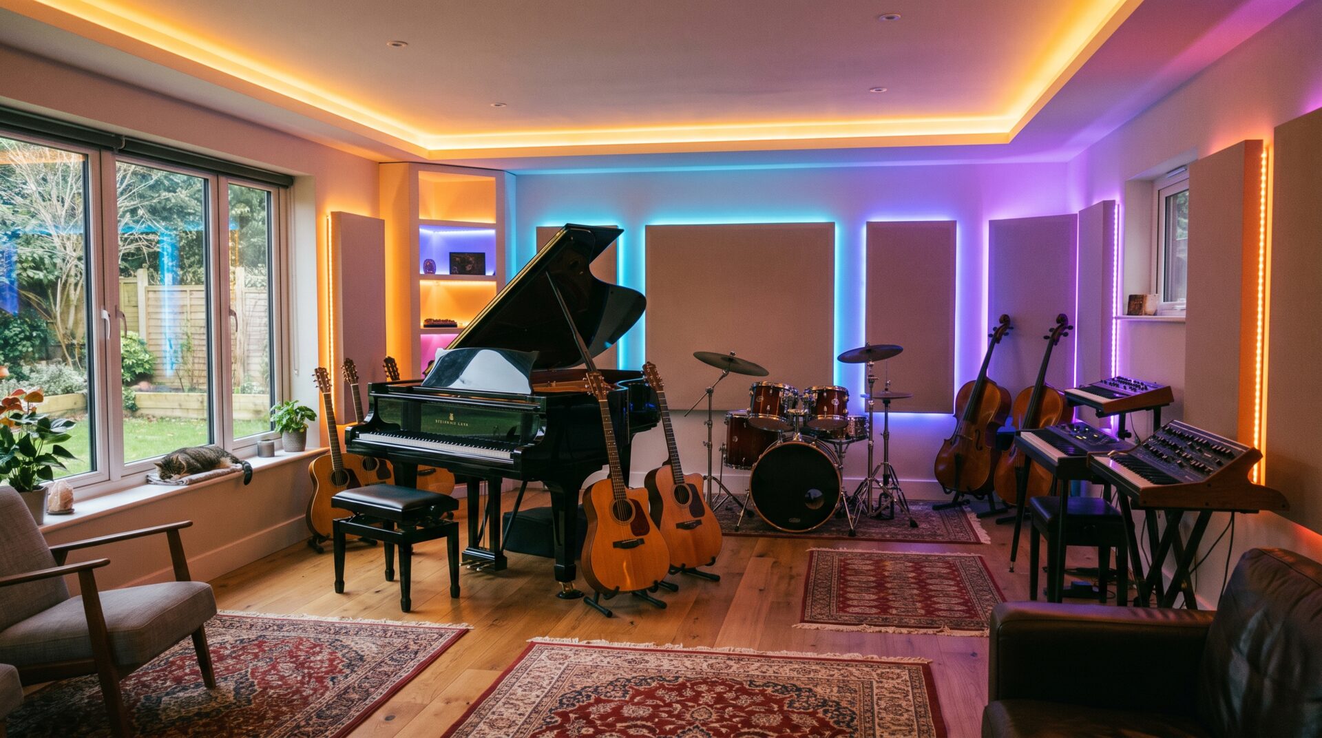 TONWERK – warmes Musikstudio mit Flügel und farbigem Licht