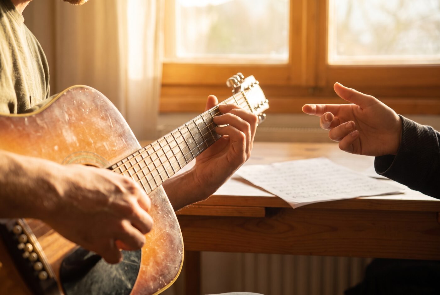 Hände spielen eine Akustikgitarre während einer Lektion im warmen Licht