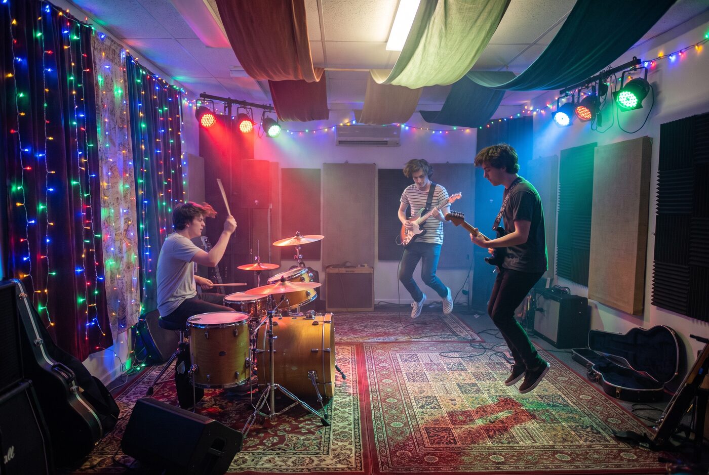 Junge Band probt in farbig beleuchtetem Studio mit Schlagzeug und Gitarren