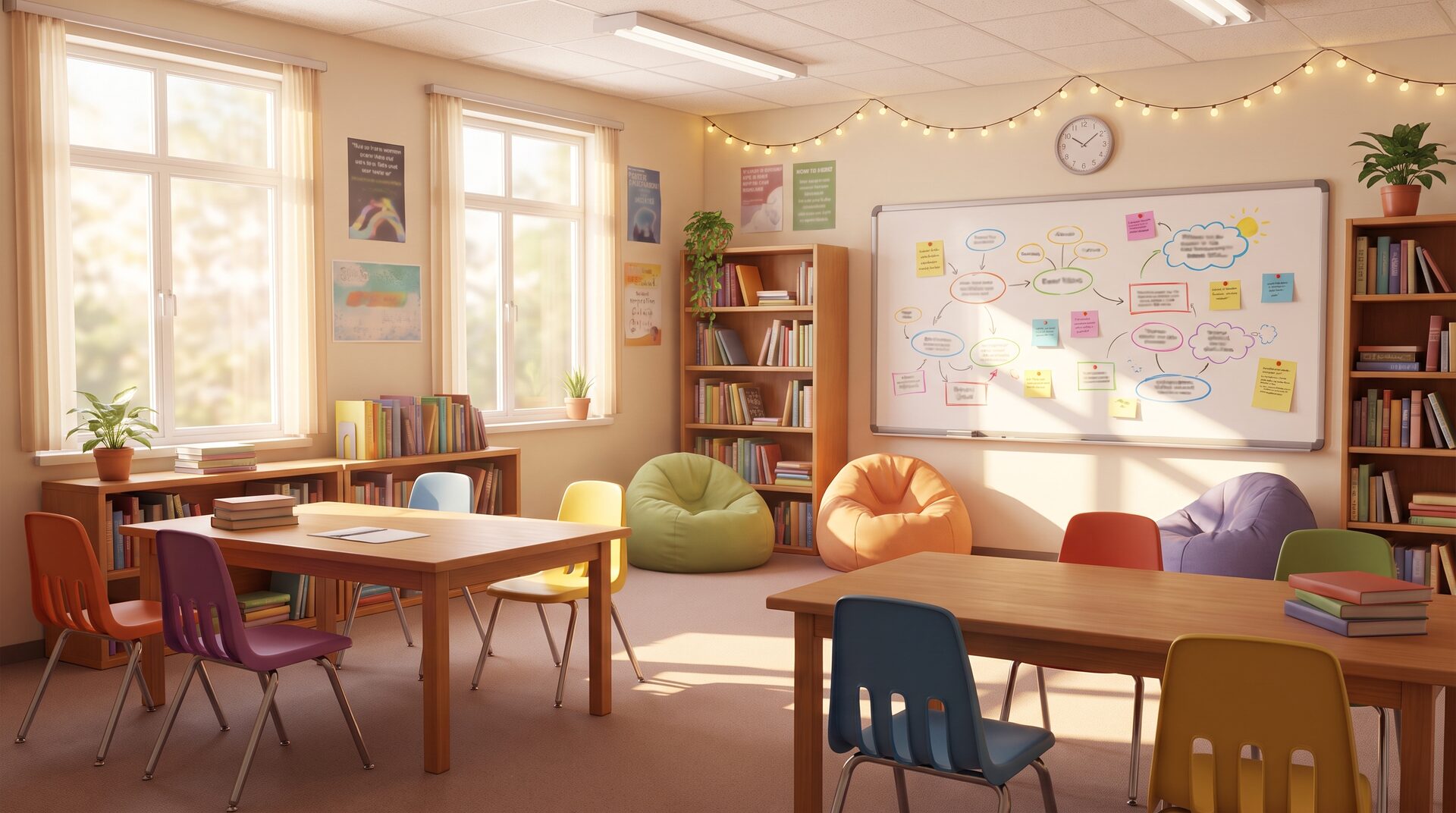 LERNBOX – helles freundliches Nachhilfezimmer mit Regalen und Whiteboard