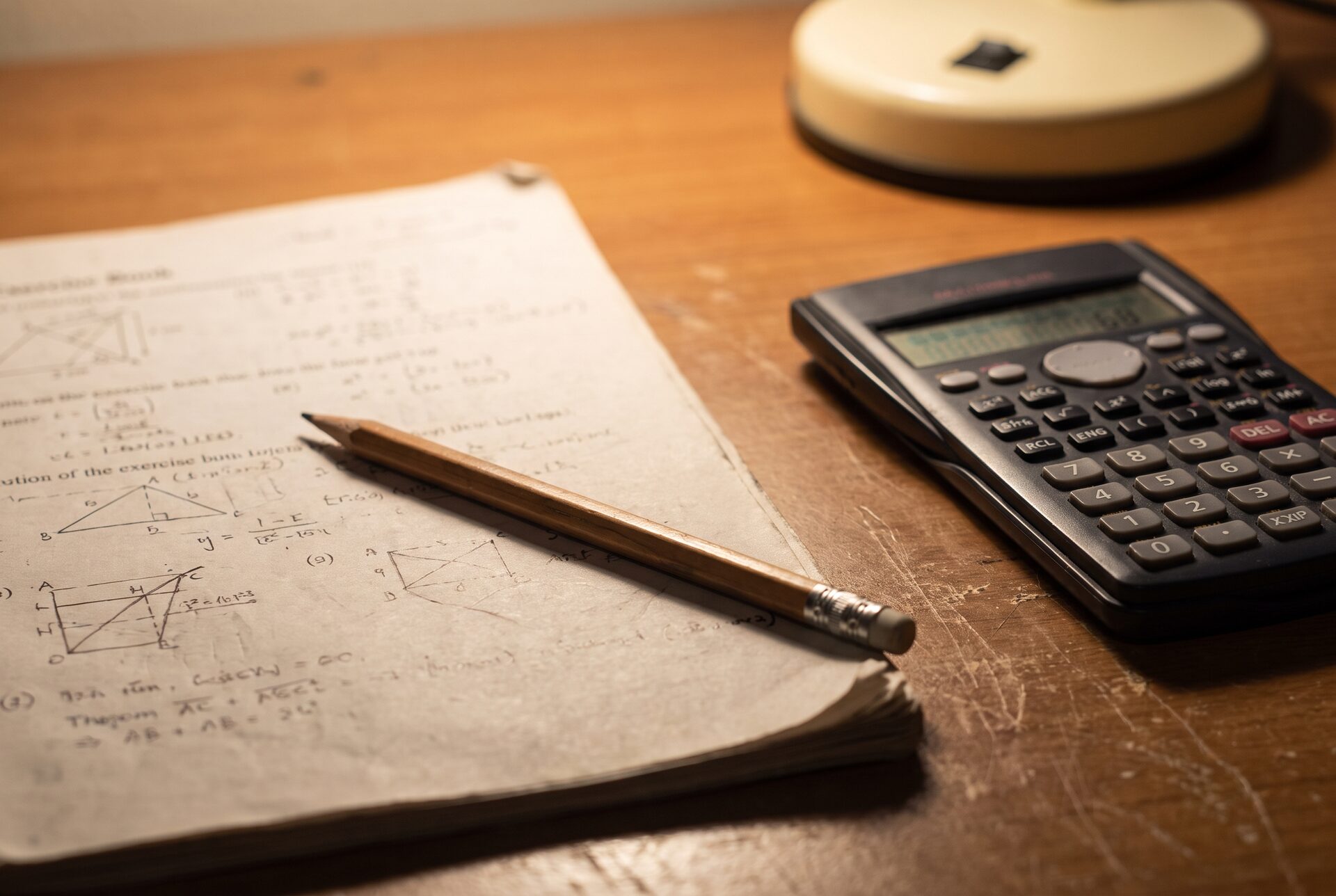 Matheheft, Bleistift und Taschenrechner auf einem hölzernen Schreibtisch