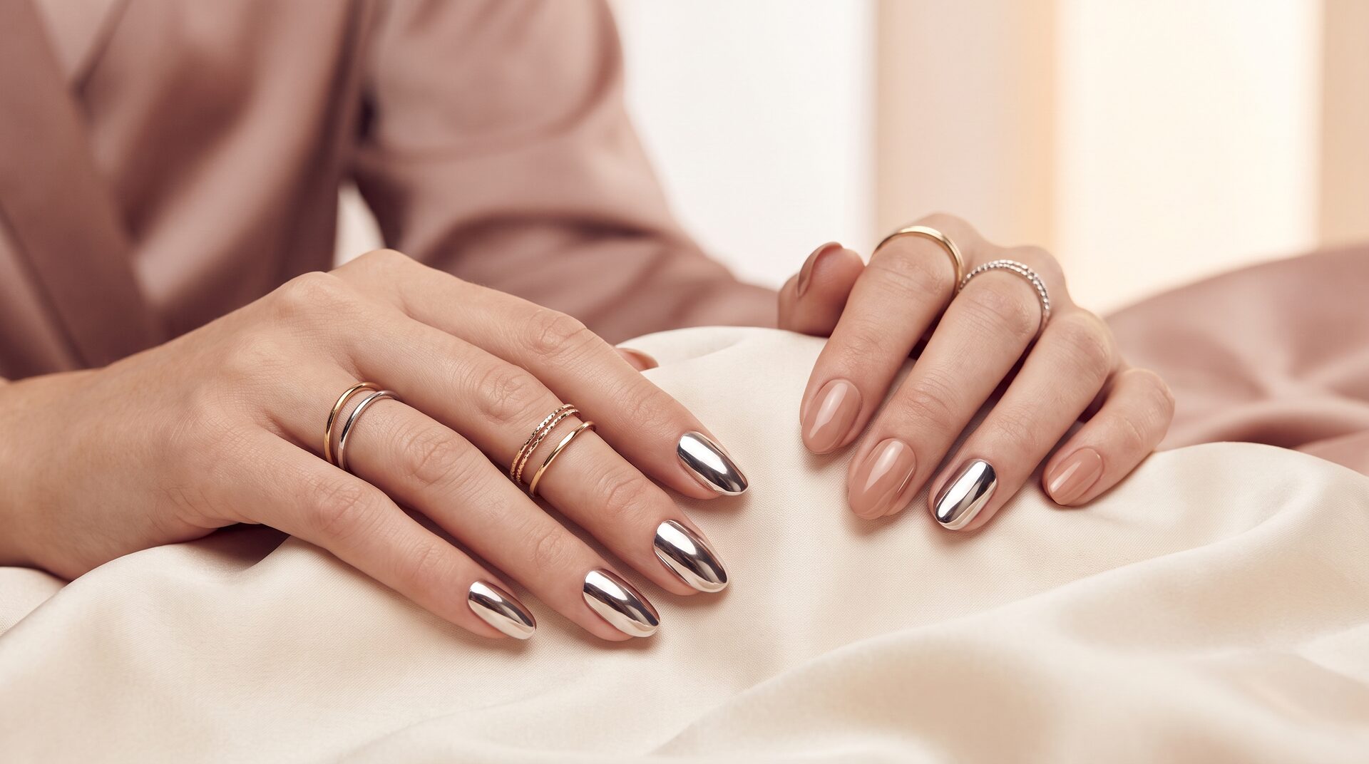 LACKWERK – Hände mit Chrome-Nude-Maniküre, editorial