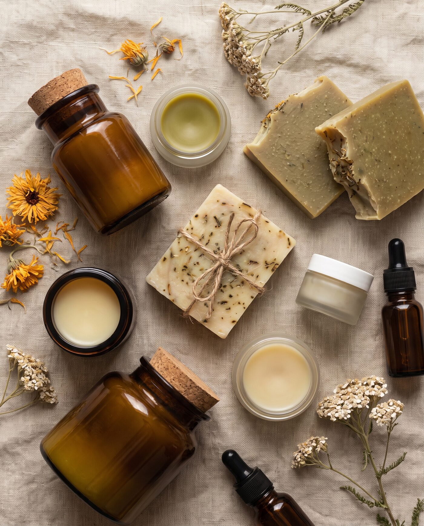 Edles Flatlay handgemachter Naturkosmetik-Produkte: Tiegel, Seifen und Ölfläschchen mit Kräutern arrangiert