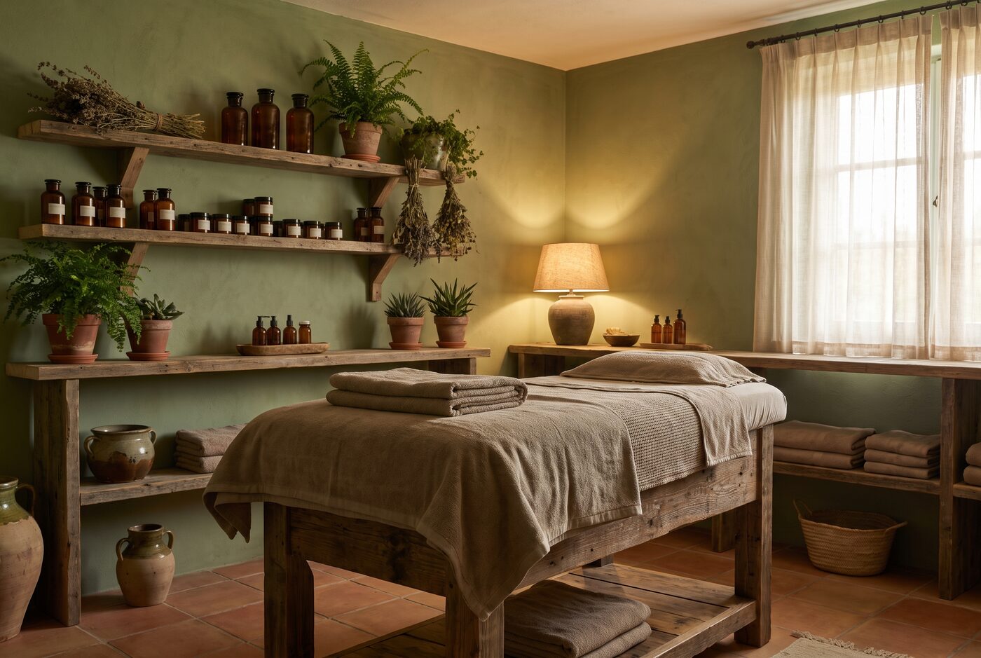 Warmer, natürlicher Behandlungsraum des Naturkosmetik-Instituts mit Holz, Leinen und Pflanzen