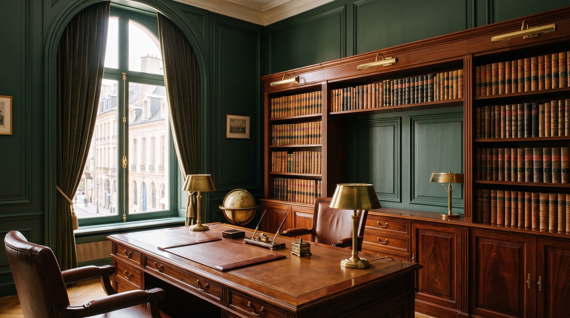 SIEGEL – Notariatsbüro mit Bücherwand und Messing
