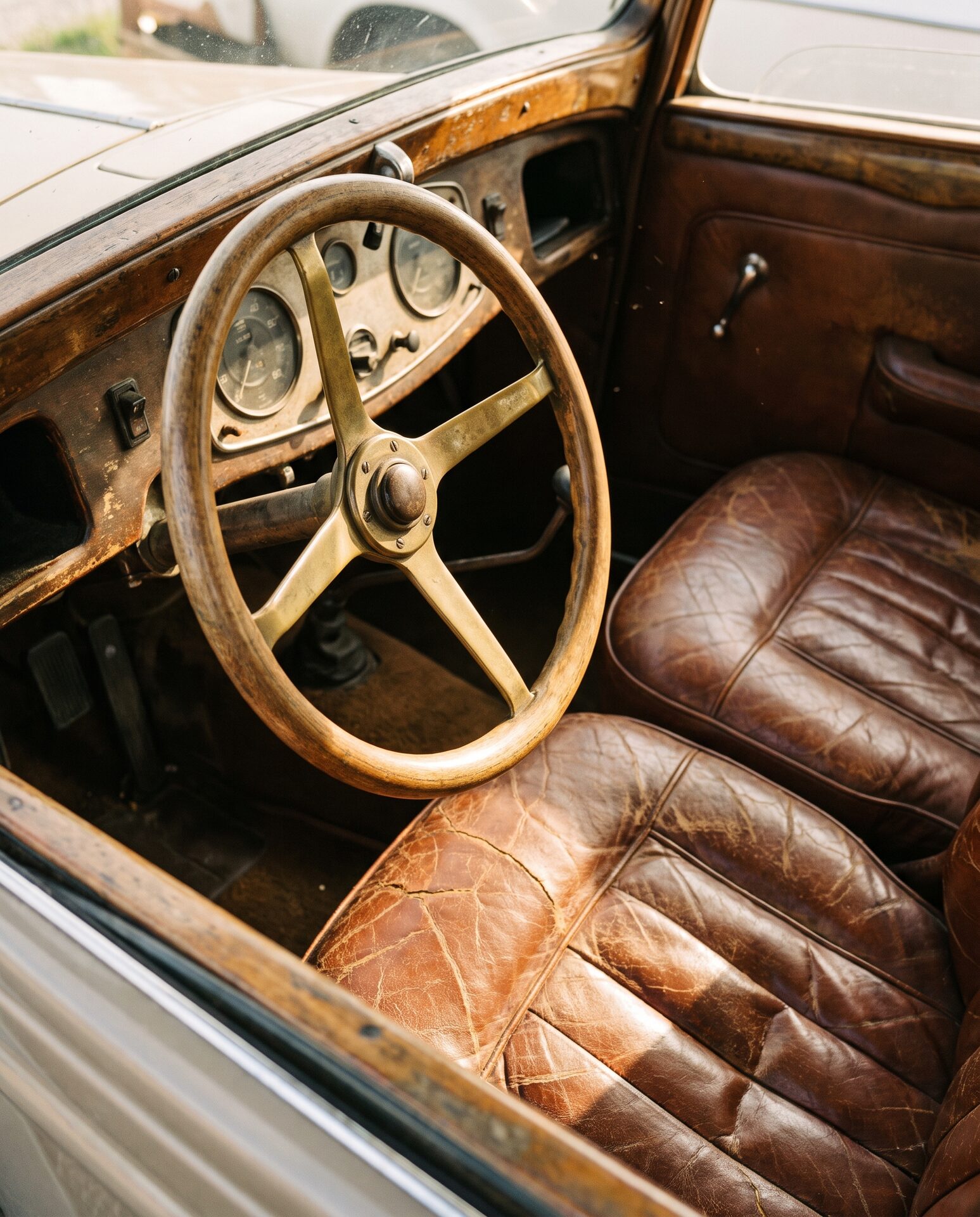 Detail eines Oldtimer-Innenraums mit Holzlenkrad und patiniertem Leder