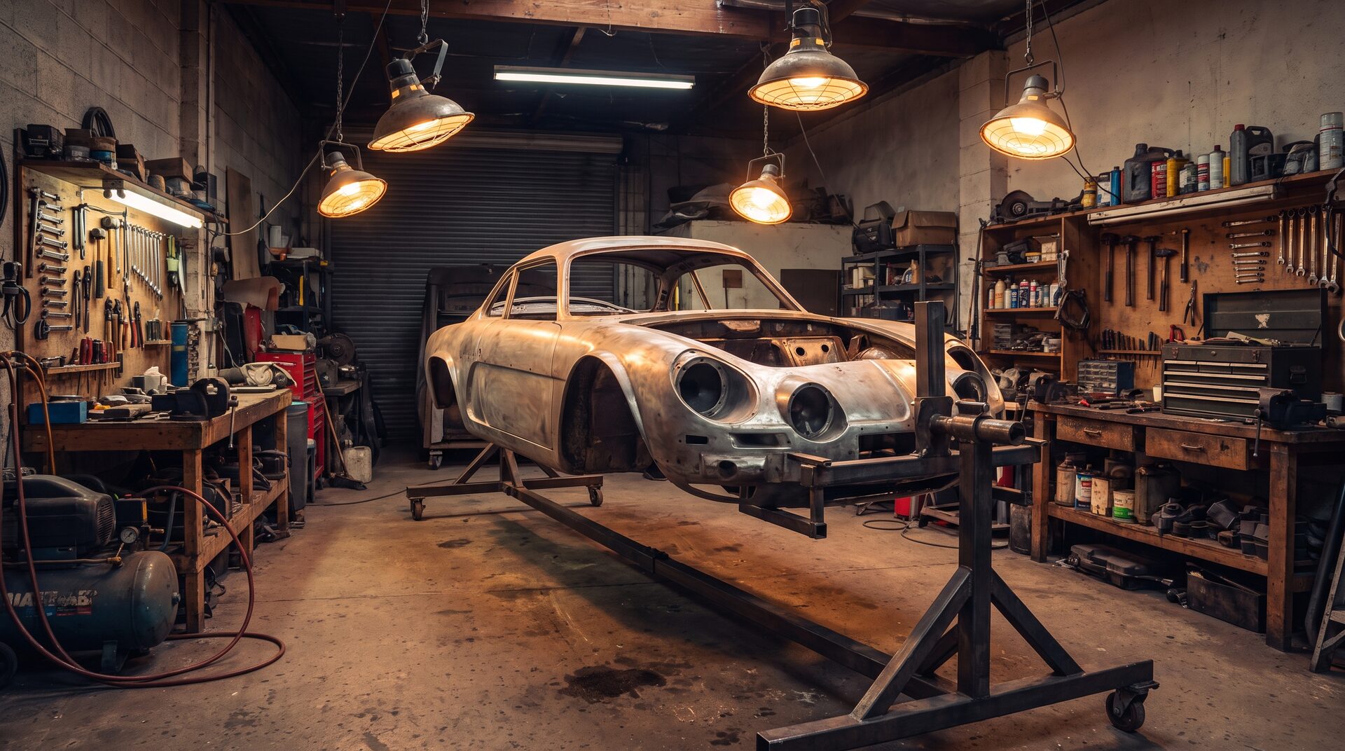 KLASSIKWERK – blanke Oldtimer-Karosserie auf dem Drehgestell