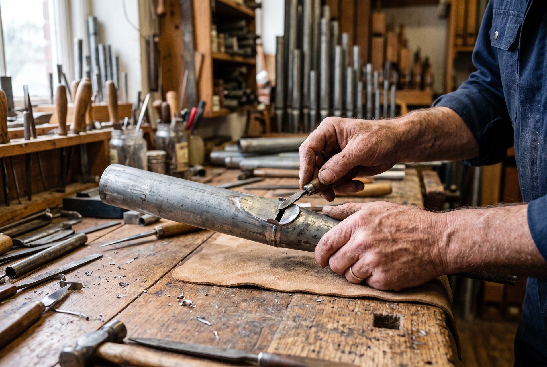 Hände eines Orgelbauers beim Intonieren einer Metallpfeife auf der Werkbank