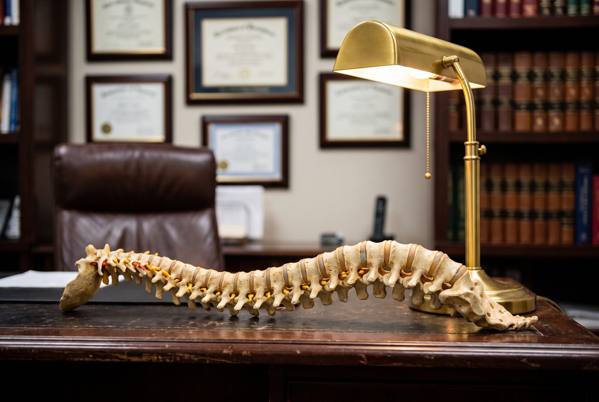Anatomisches Wirbelsäulenmodell auf einem Holztisch in warmem Licht