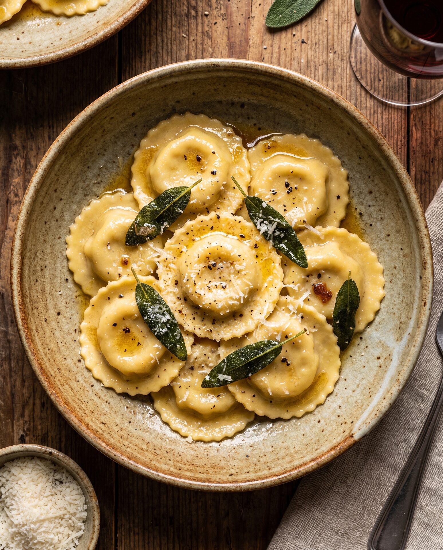 Schale mit frischen Ravioli in Salbeibutter auf rustikalem Keramikteller