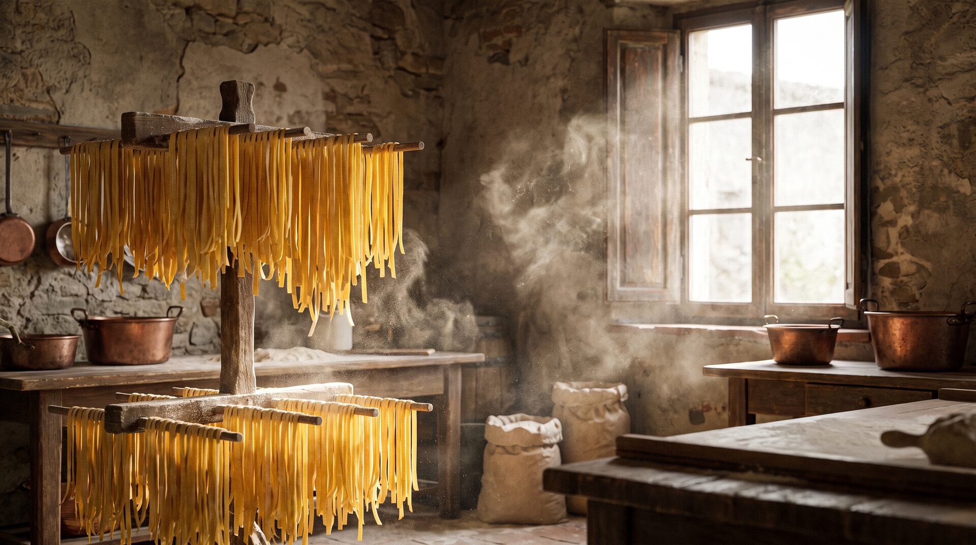 PASTAIO – frische Tagliatelle auf Holztrockengestellen im Fensterlicht