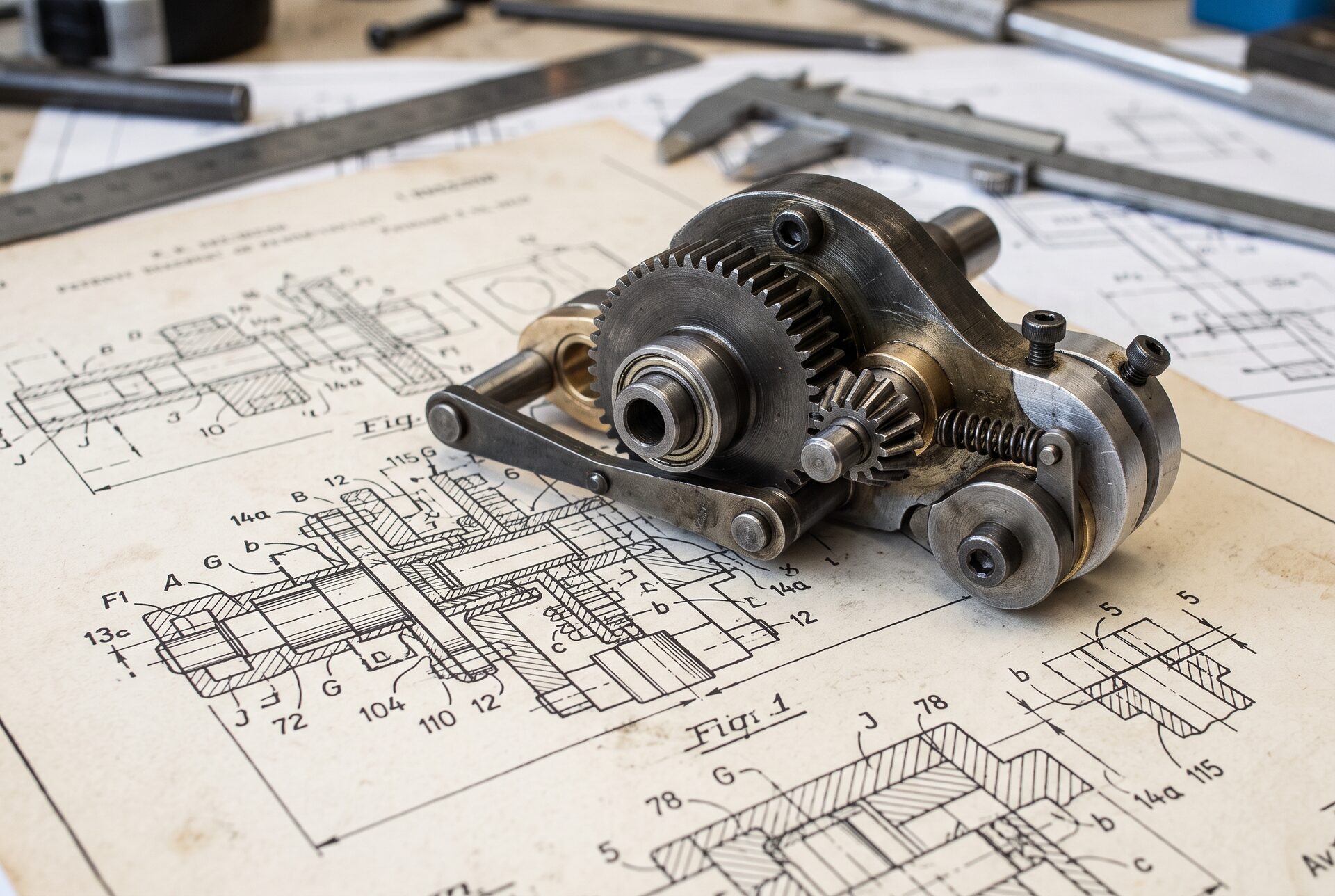 Nahaufnahme einer technischen Patentzeichnung neben einem Prototypenteil