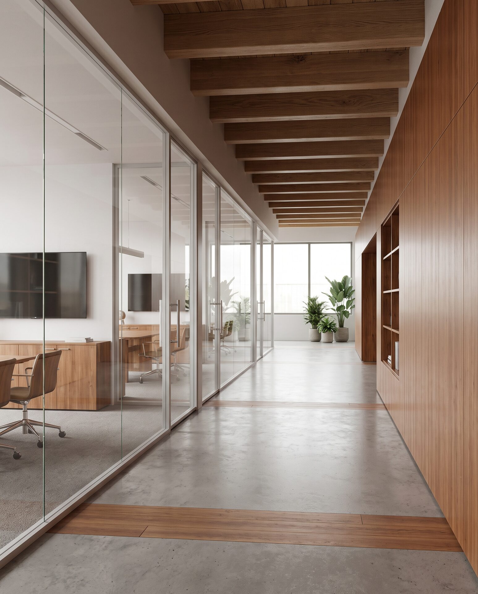 Modernes Bürogebäude mit Glas-Sitzungszimmern und warmem Holz