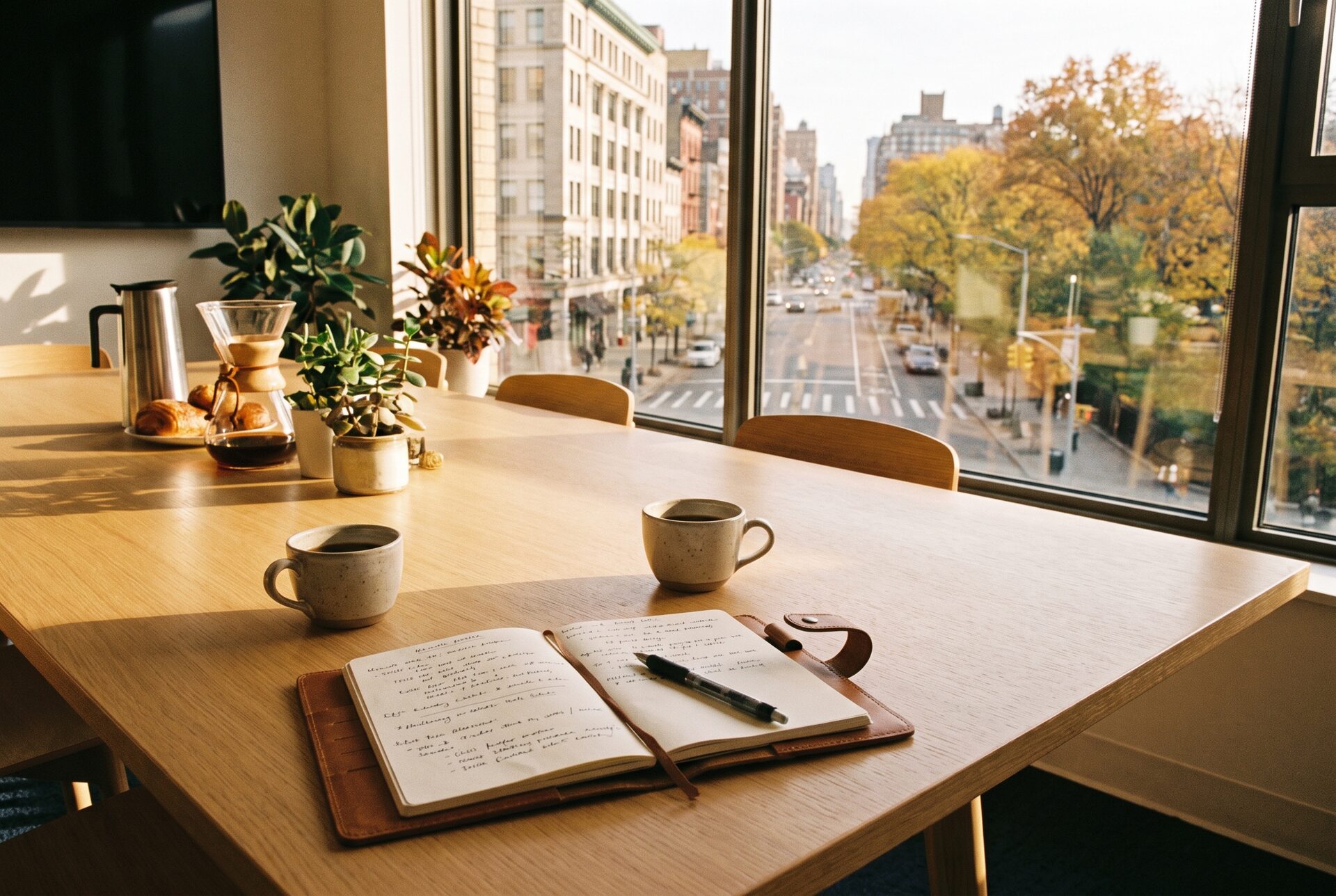 Zwei Kaffeetassen und ein Notizbuch auf einem hellen Besprechungstisch am Fenster