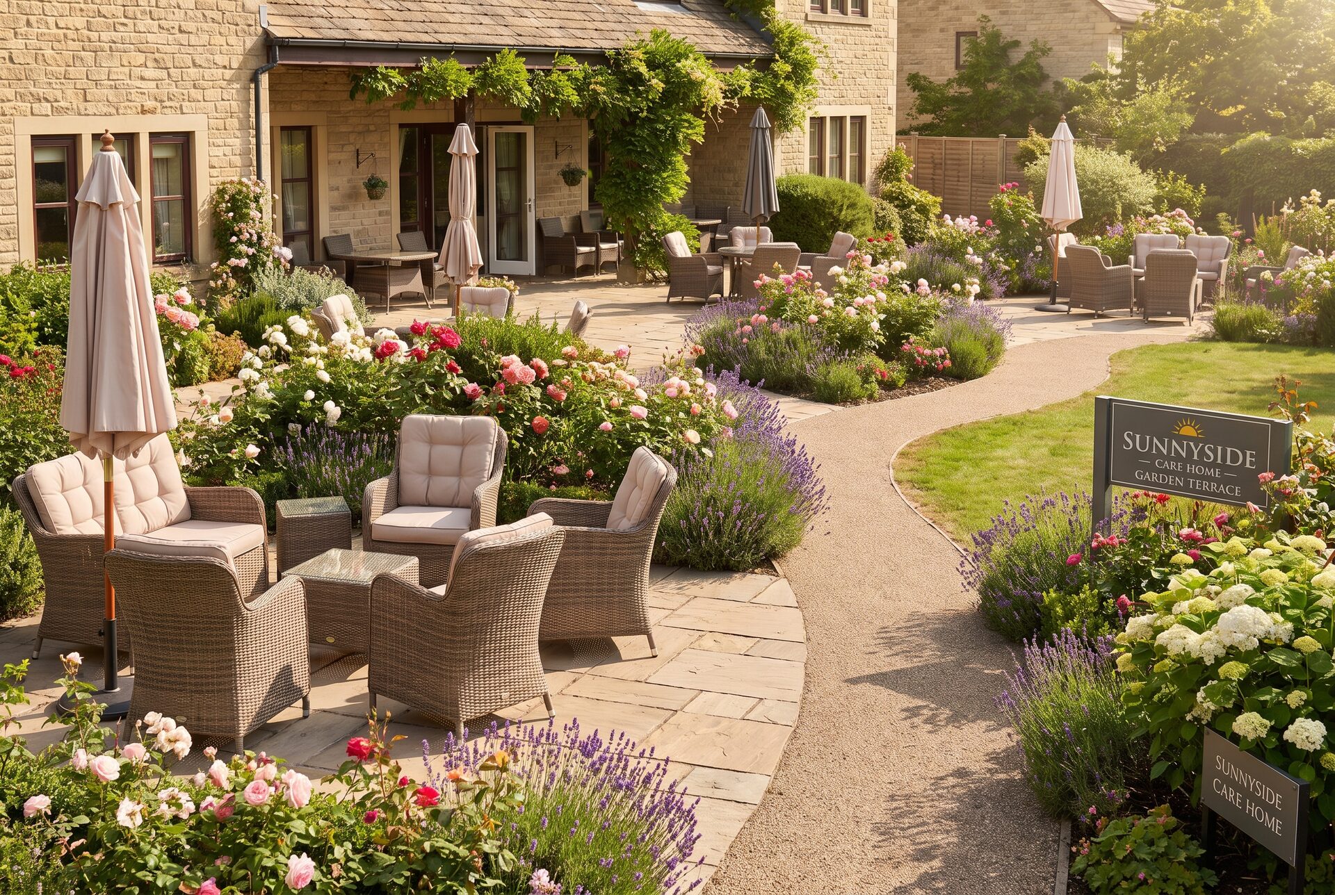 Sonnige Gartenterrasse eines Pflegeheims mit bequemen Stühlen und Blumenbeeten