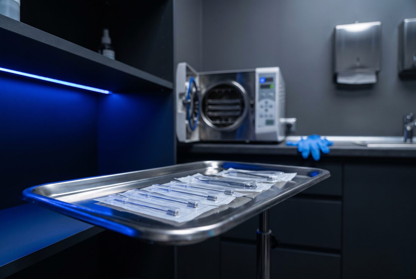 Steriles Piercing-Studio mit poliertem Stahl, Autoklav und einzelverpacktem Instrumentarium