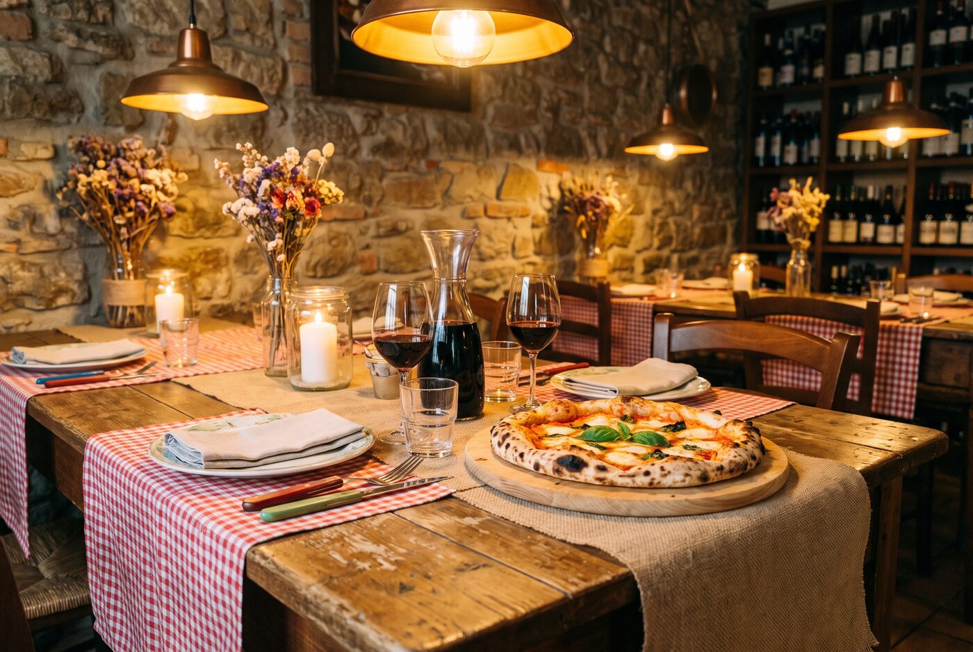 Rustikal gedeckter Trattoria-Tisch mit Pizza und Wein im warmen Licht