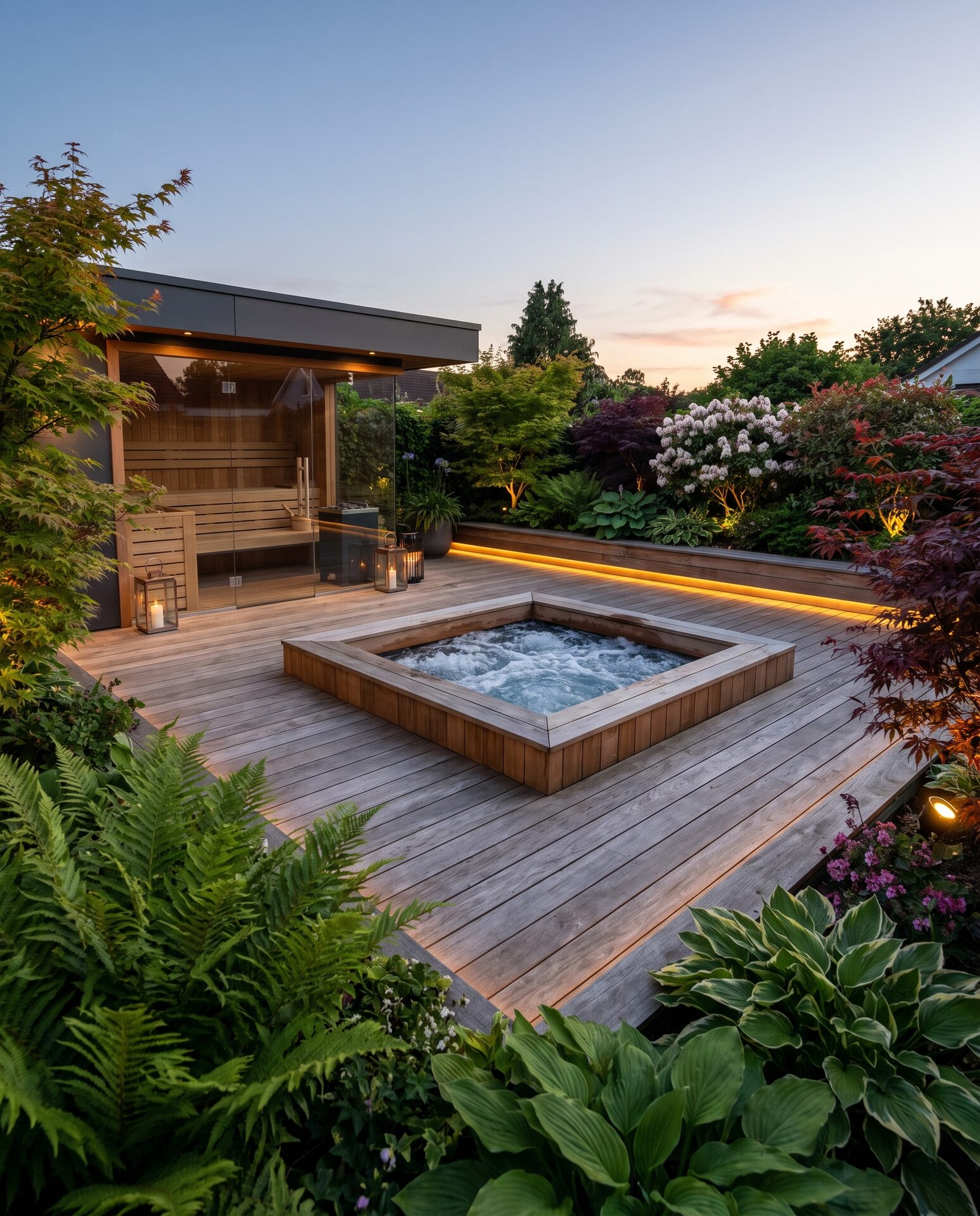Moderner Aussen-Whirlpool und Sauna auf einer Holzterrasse im Abendlicht
