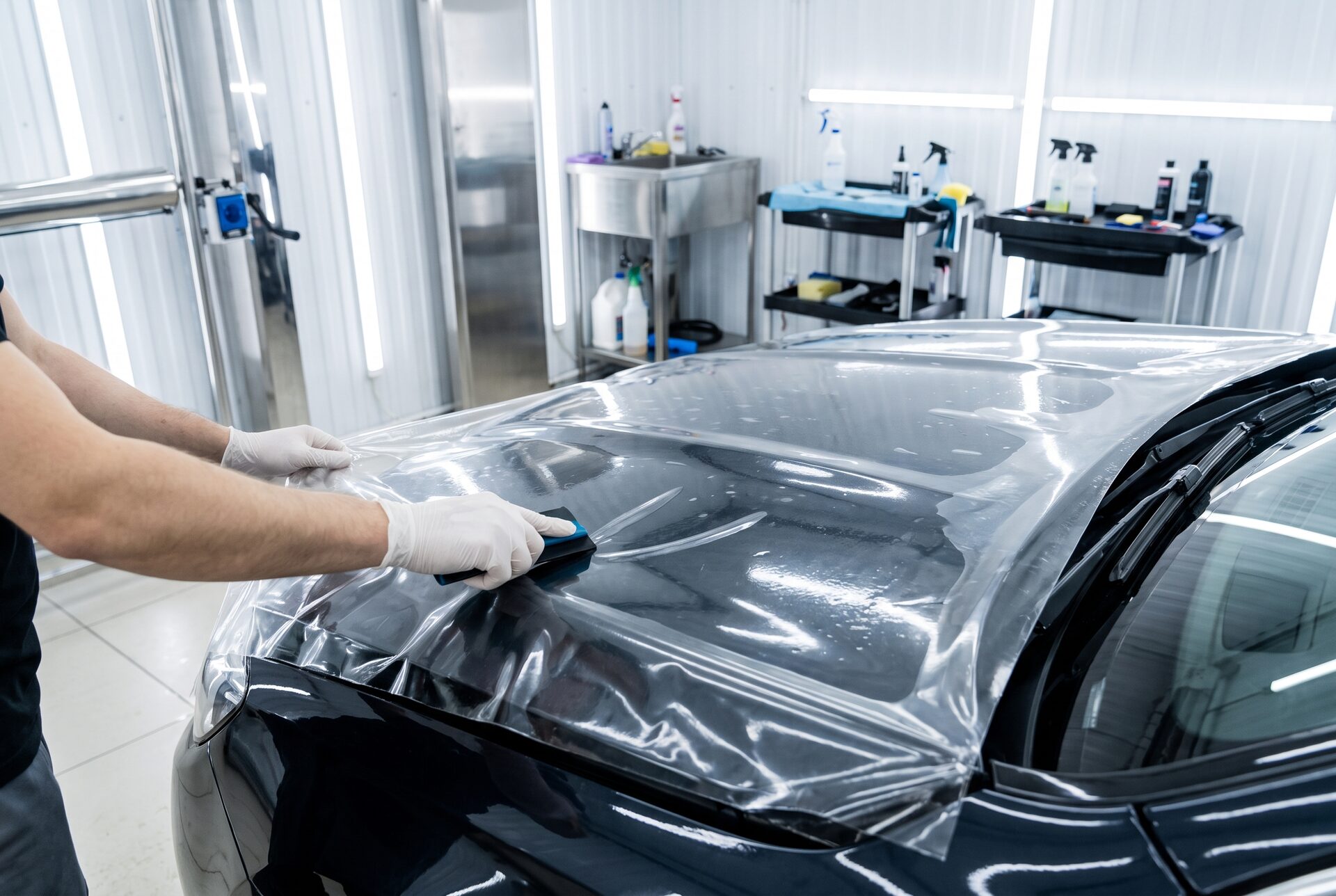 Fachperson bringt transparente Lackschutzfolie auf einer Motorhaube an