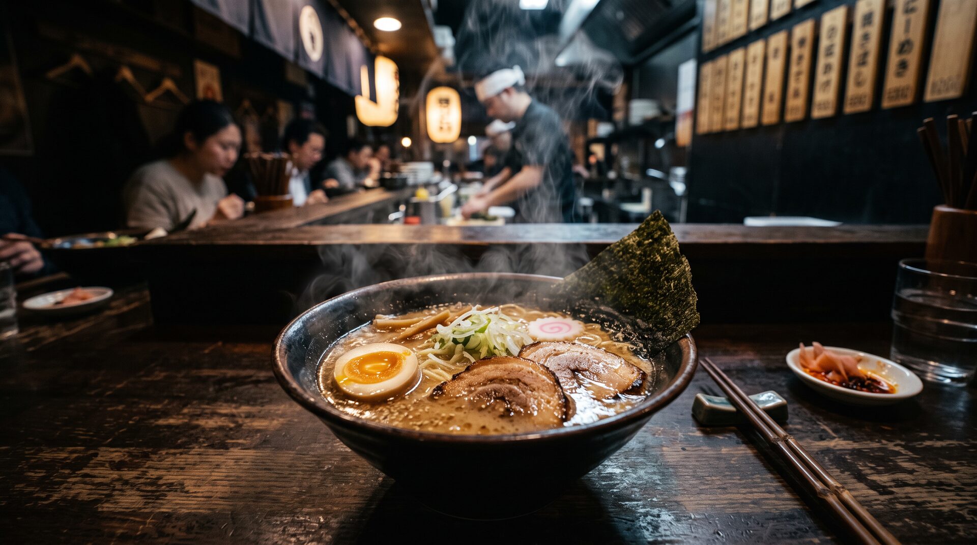 BRÜHE & NUDEL – dampfende Ramenschale mit Ei, Chashu und Nori auf dunklem Tresen
