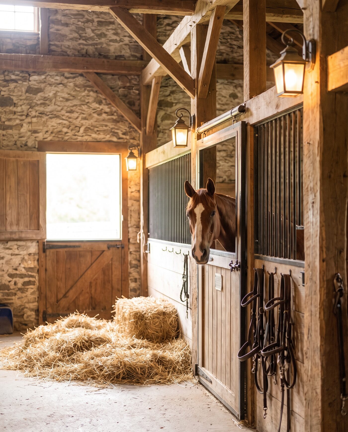 Ruhiger Stall aus Holz mit warmem Licht, ein Pferd schaut heraus