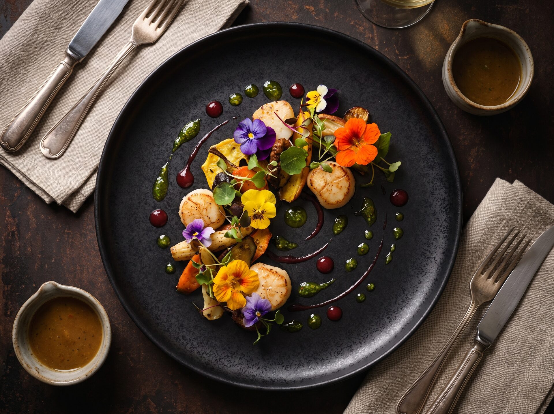 Gourmet-Teller von oben fotografiert, kunstvoll angerichtet