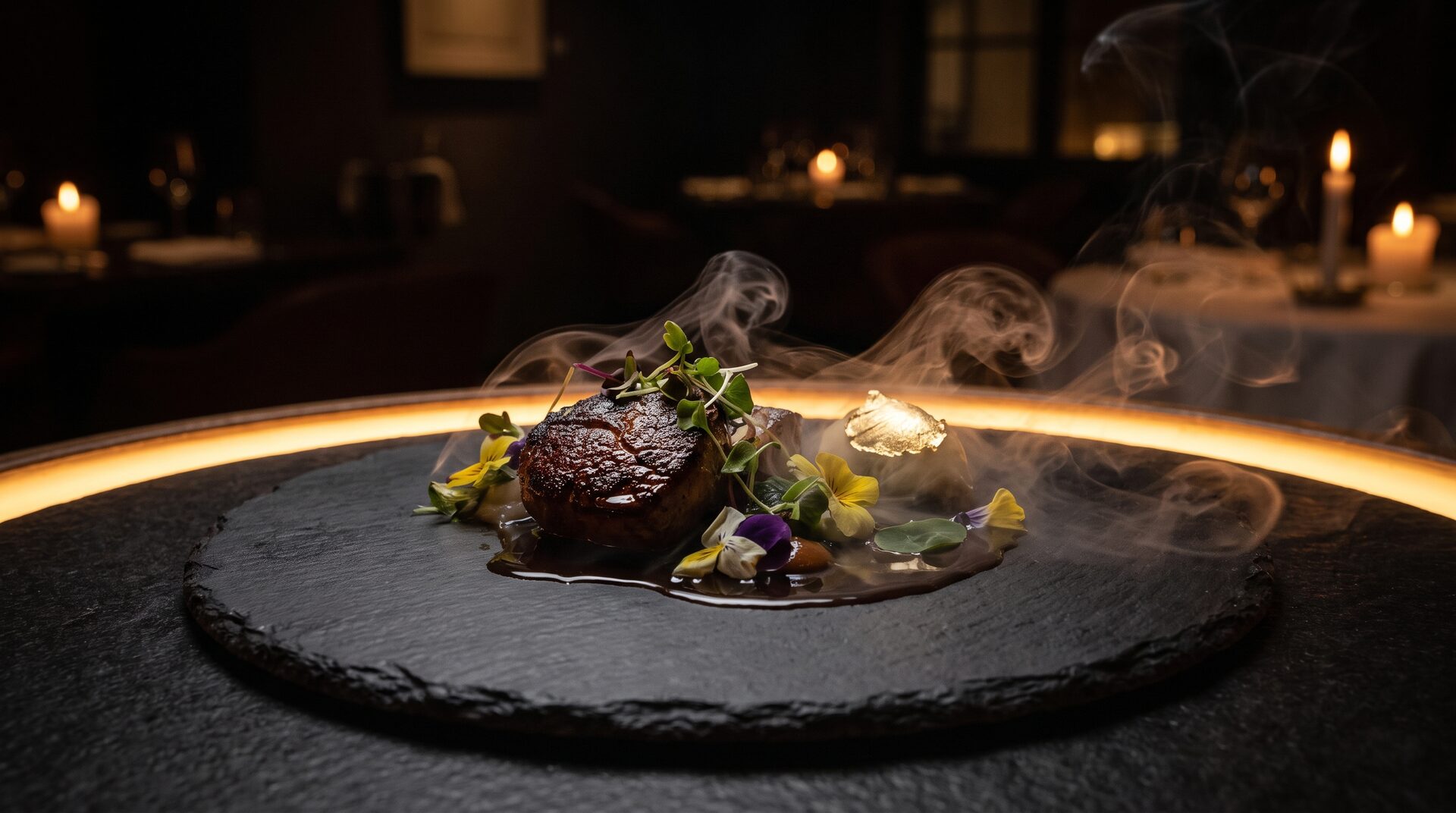 EMBER – dunkel inszeniertes Gourmet-Gericht mit Amber-Licht und Rauch
