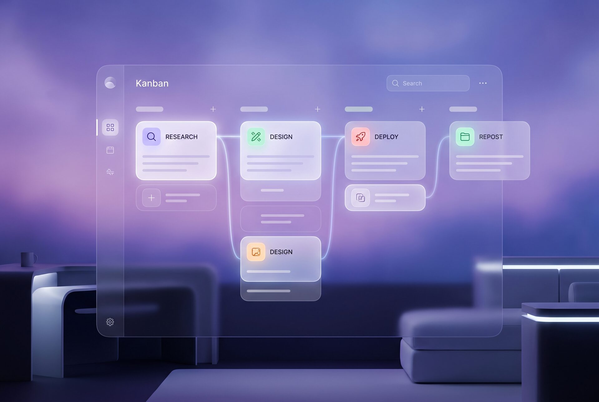 Kanban-Workflow in FLOWTASK mit Spalten von der Idee bis zur Fertigstellung