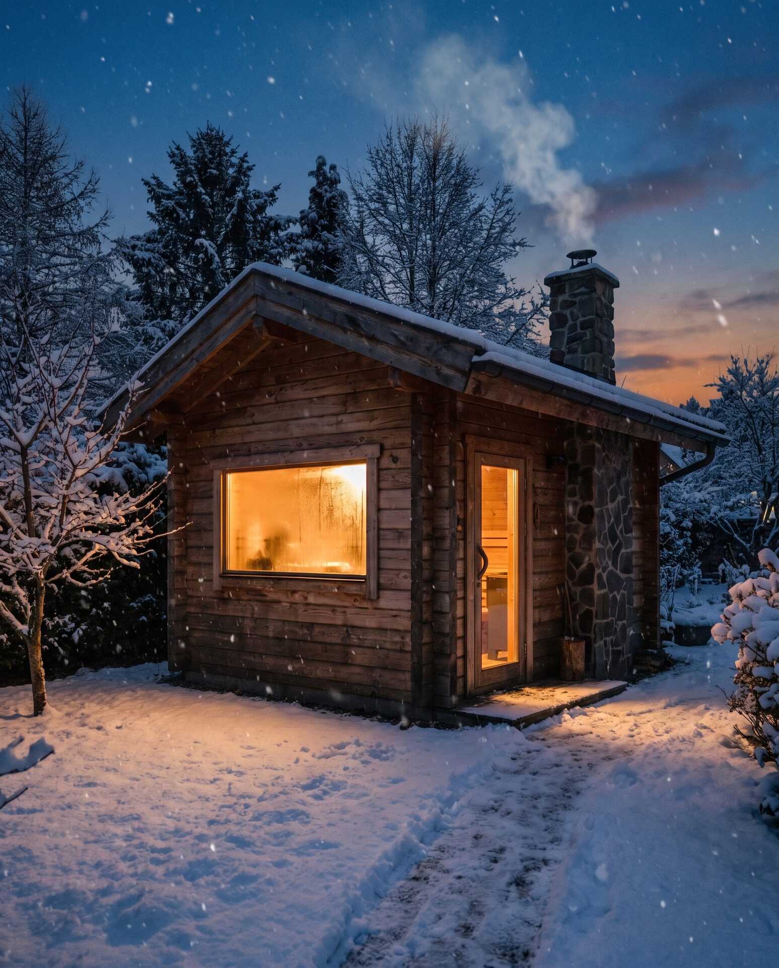 Aussensauna im verschneiten Garten mit warmem Licht aus dem Fenster