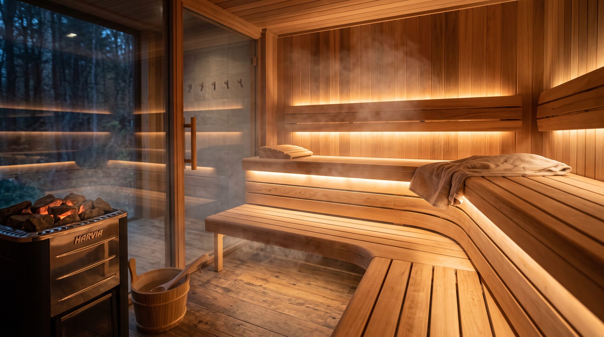 AUFGUSS – schöne moderne Holzsauna von innen mit Bänken und warmem Licht
