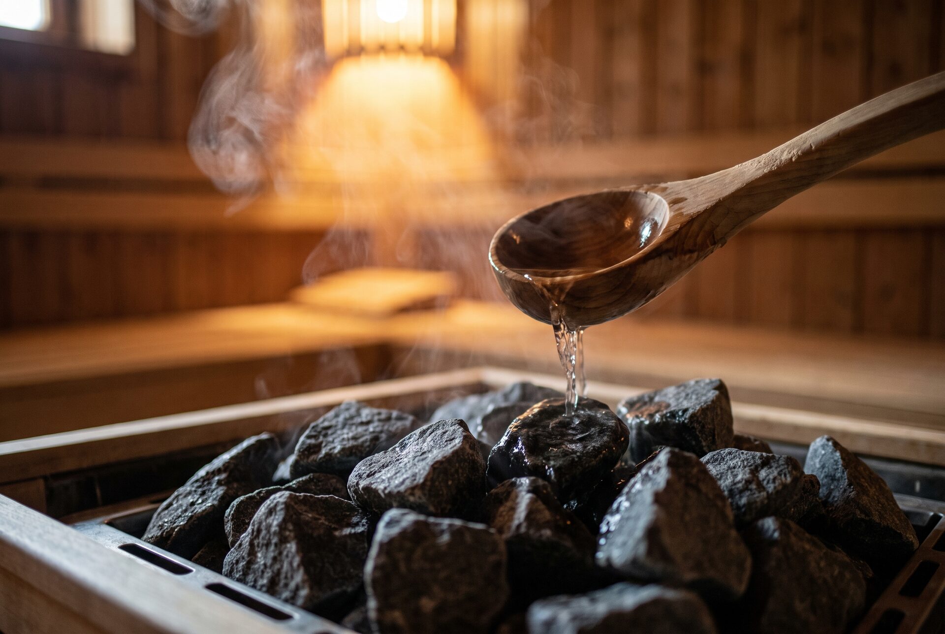 Nahaufnahme von Saunasteinen und Holzkelle mit aufsteigendem Dampf