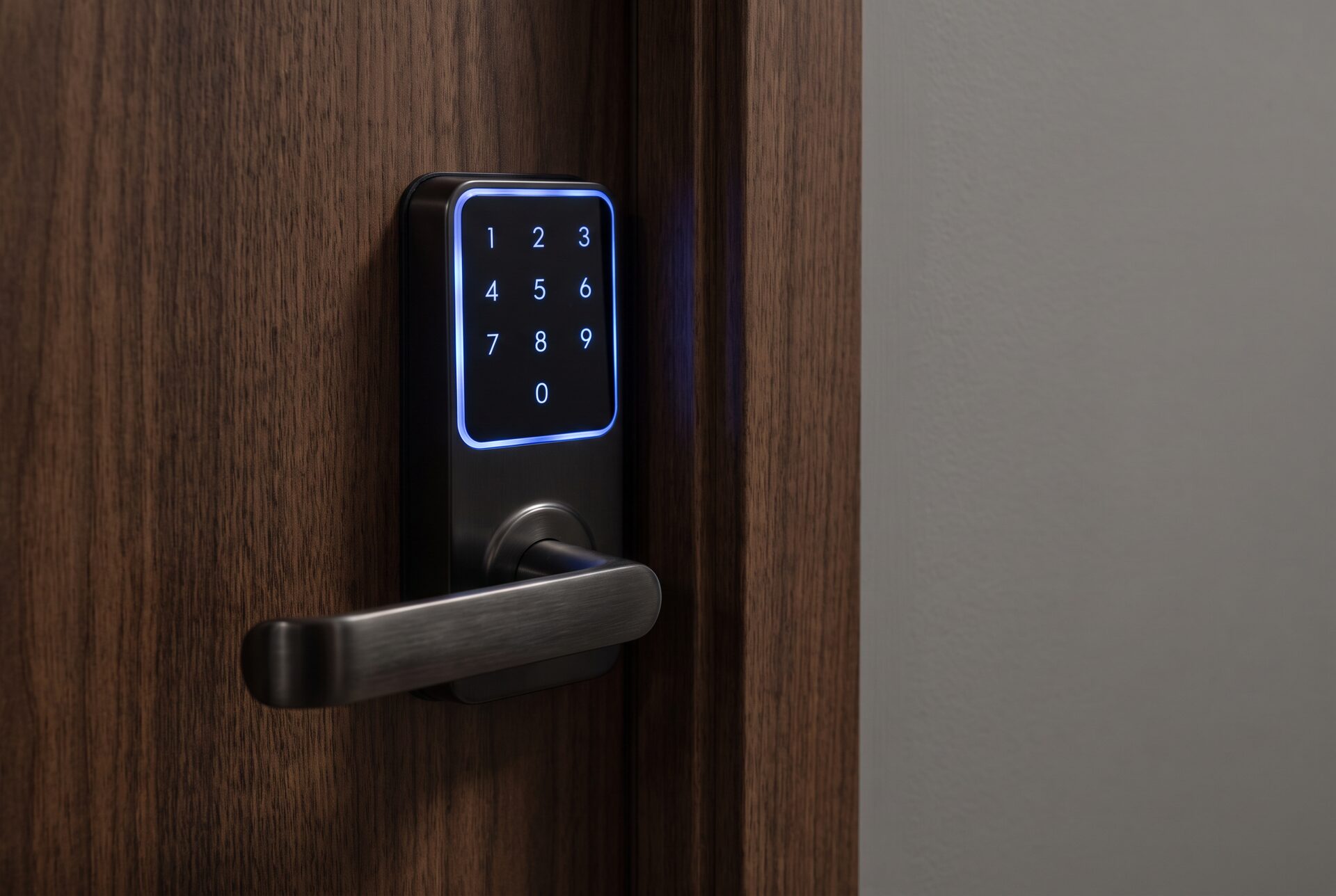 Modernes Smart Lock mit Tastenfeld an einer dunklen Wohnungstür