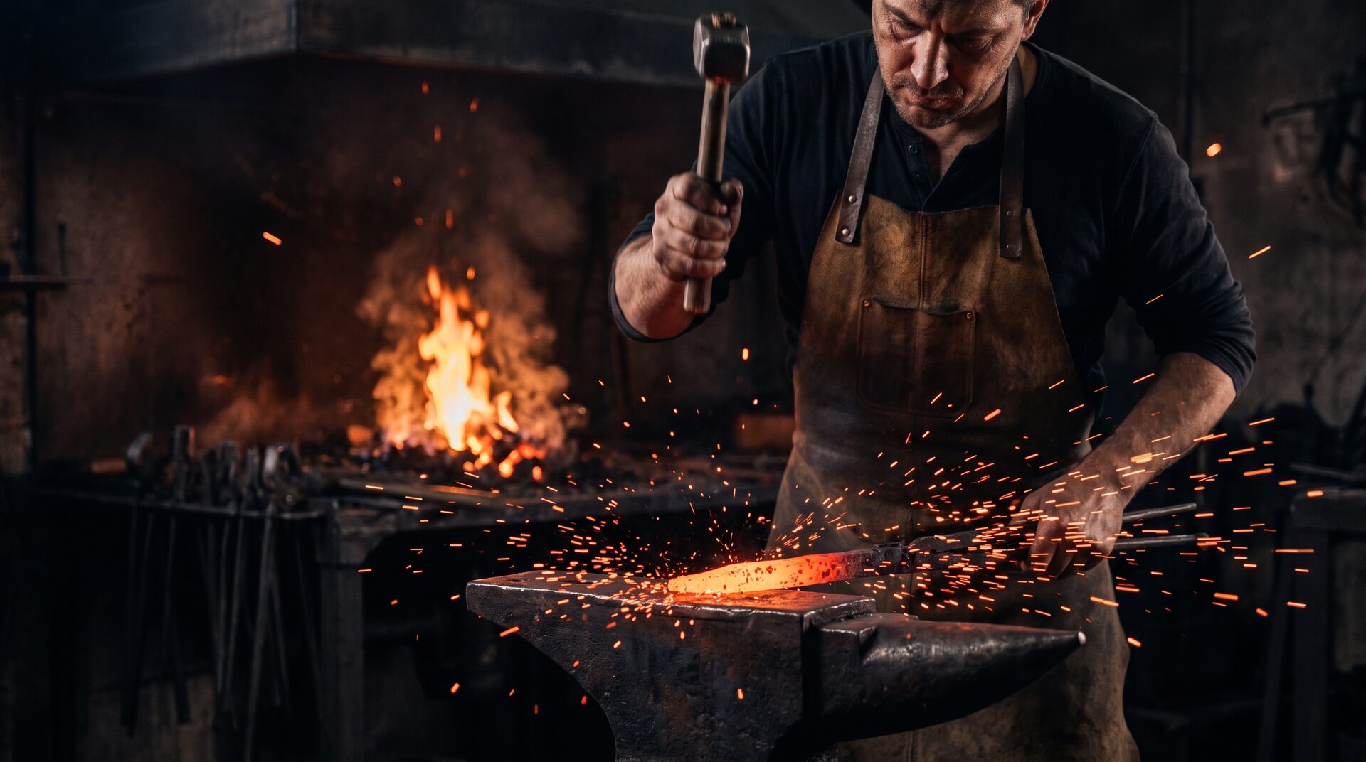 FEUER & EISEN – Schmied bearbeitet glühendes Eisen am Amboss mit Funken