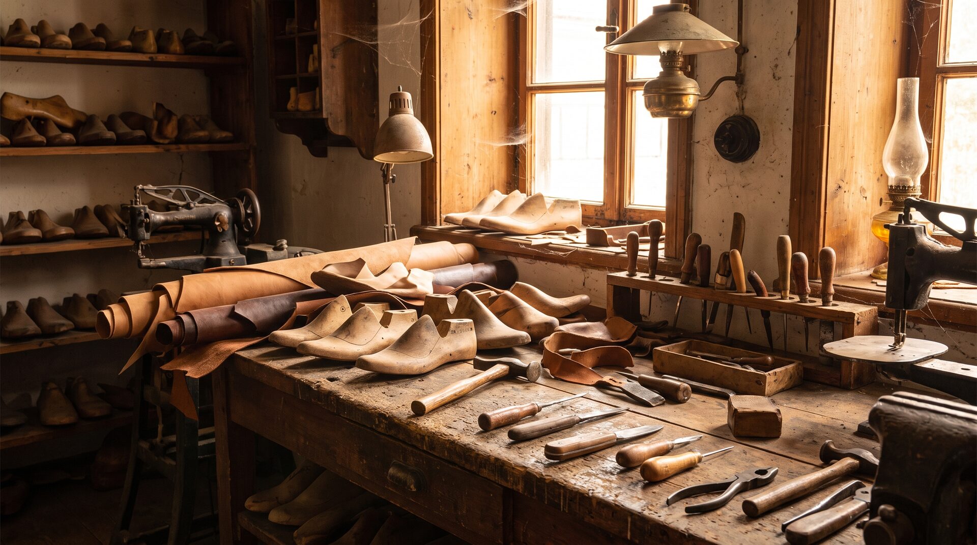 LEISTEN – Schuhmacherwerkstatt mit Leisten, Werkzeug und Lederschuhen