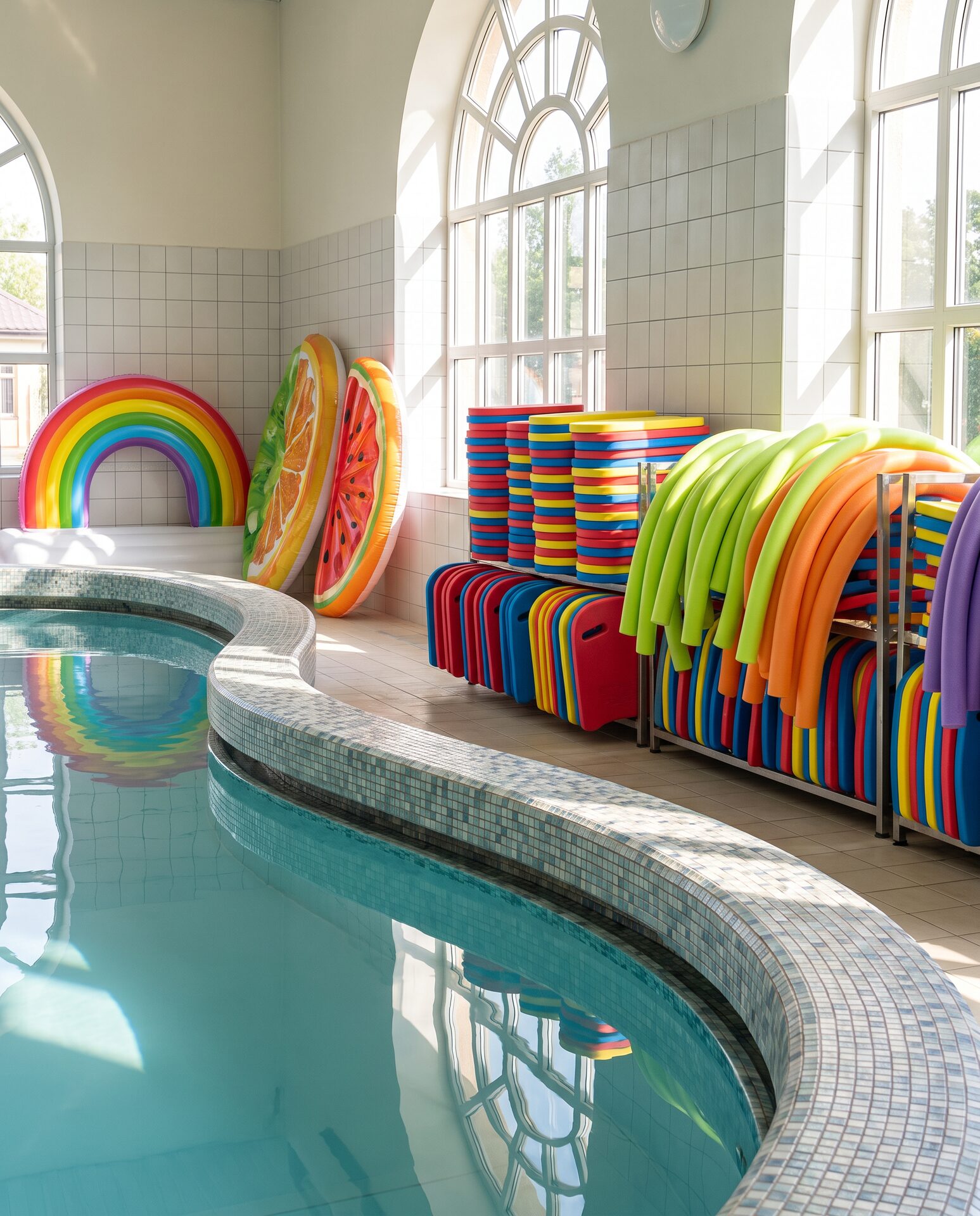 Bunte Schwimmhilfen und Bretter am Beckenrand eines Hallenbads