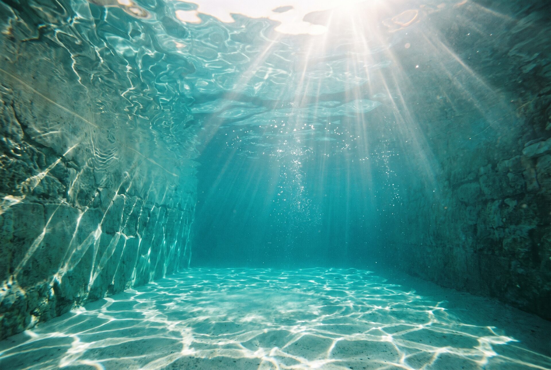 Unterwasseraufnahme von sonnendurchflutetem türkisem Wasser mit Lichtreflexen