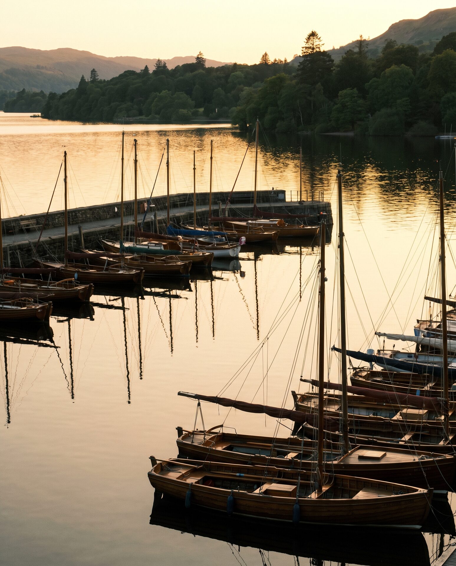 Segelboote im Hafen bei goldenem Abendlicht mit silhouettierten Masten