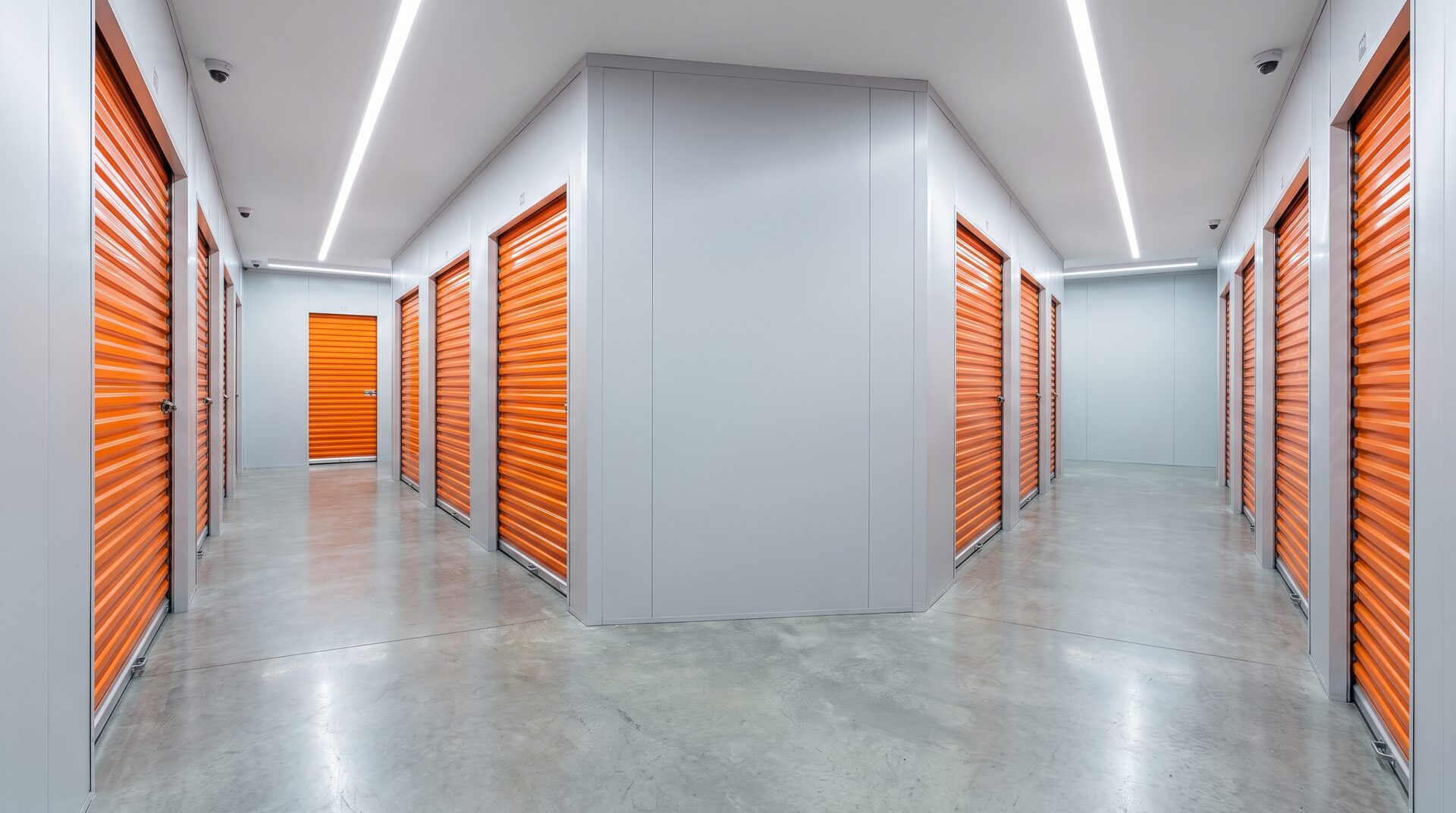 BOXENSTOPP – heller sauberer Selfstorage-Gang mit orangen Rolltoren