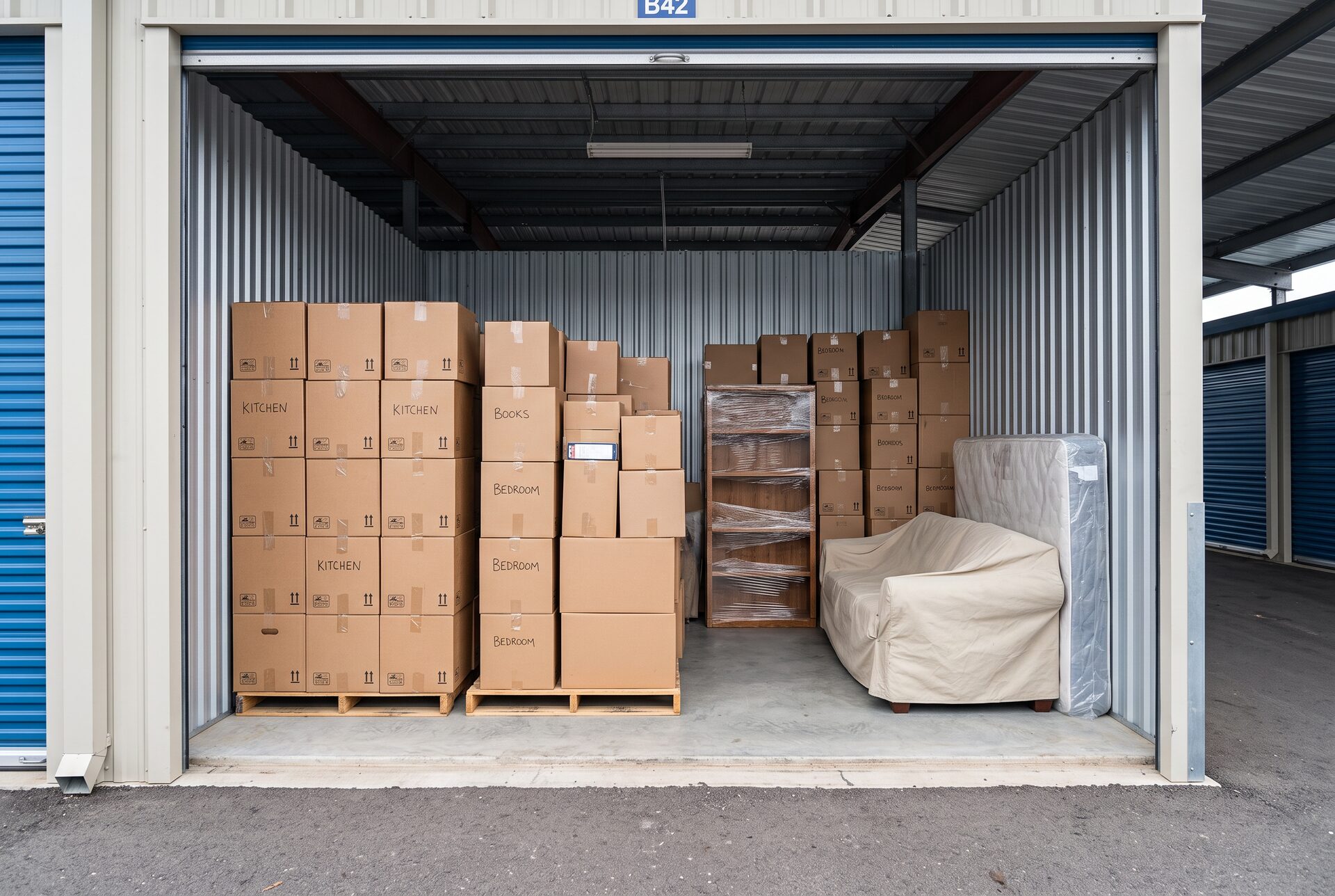 Offene Lagerbox mit ordentlich gestapelten Kisten und Möbeln