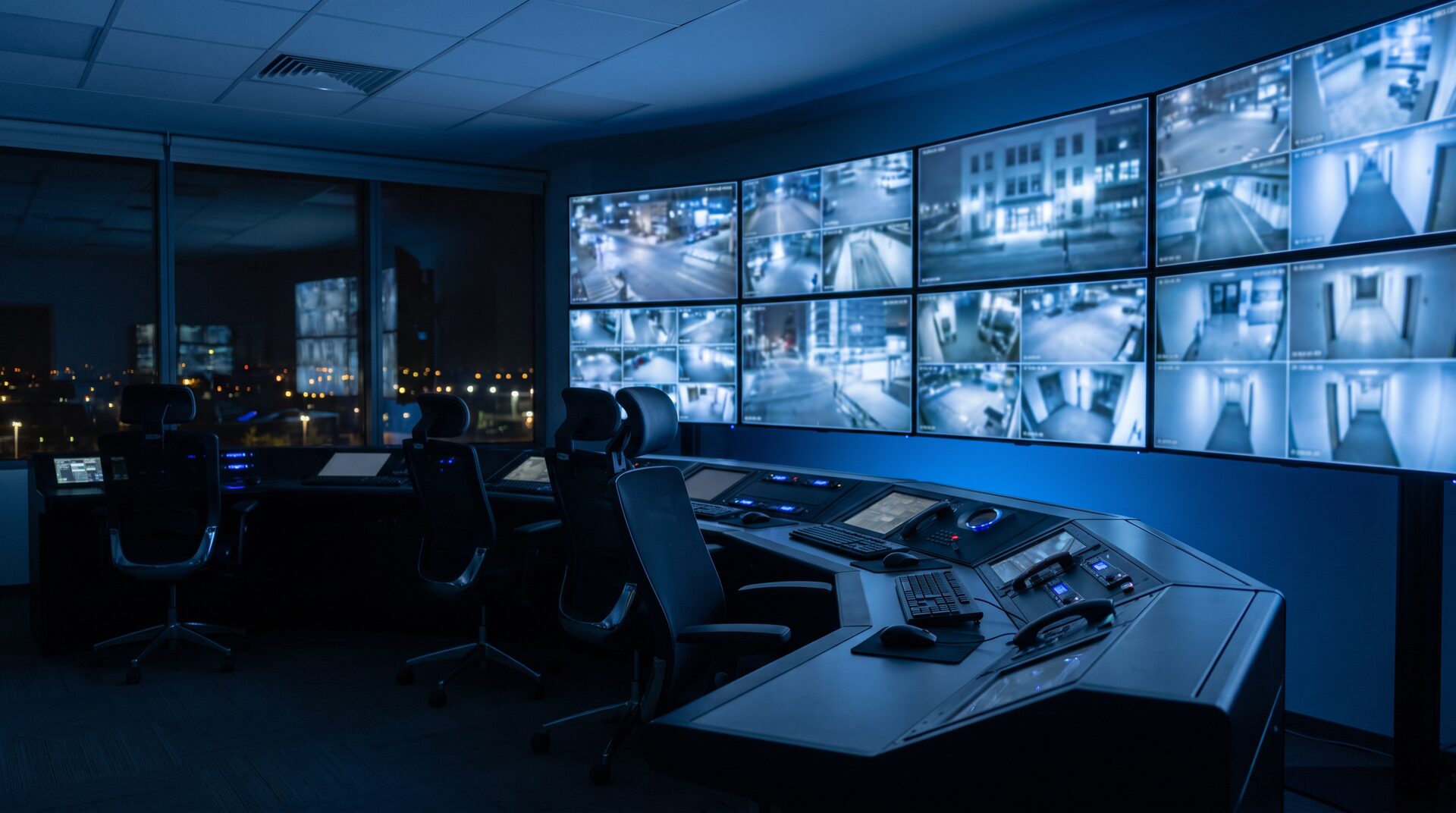 WACHE – moderne Sicherheitszentrale bei Nacht mit Monitorwand