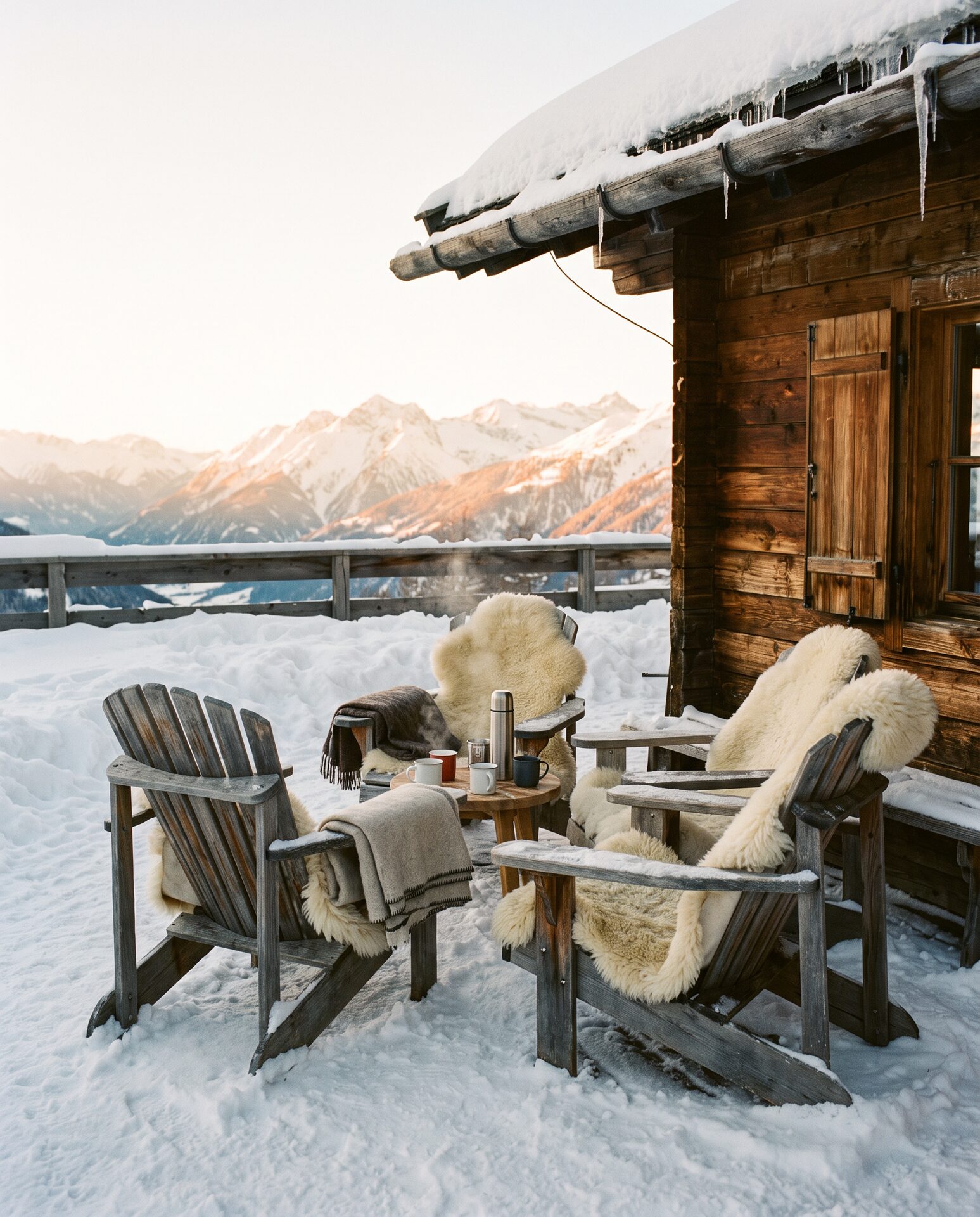 Gemütliche Bergterrasse im Schnee mit Holzstühlen und Blick auf Alpengipfel