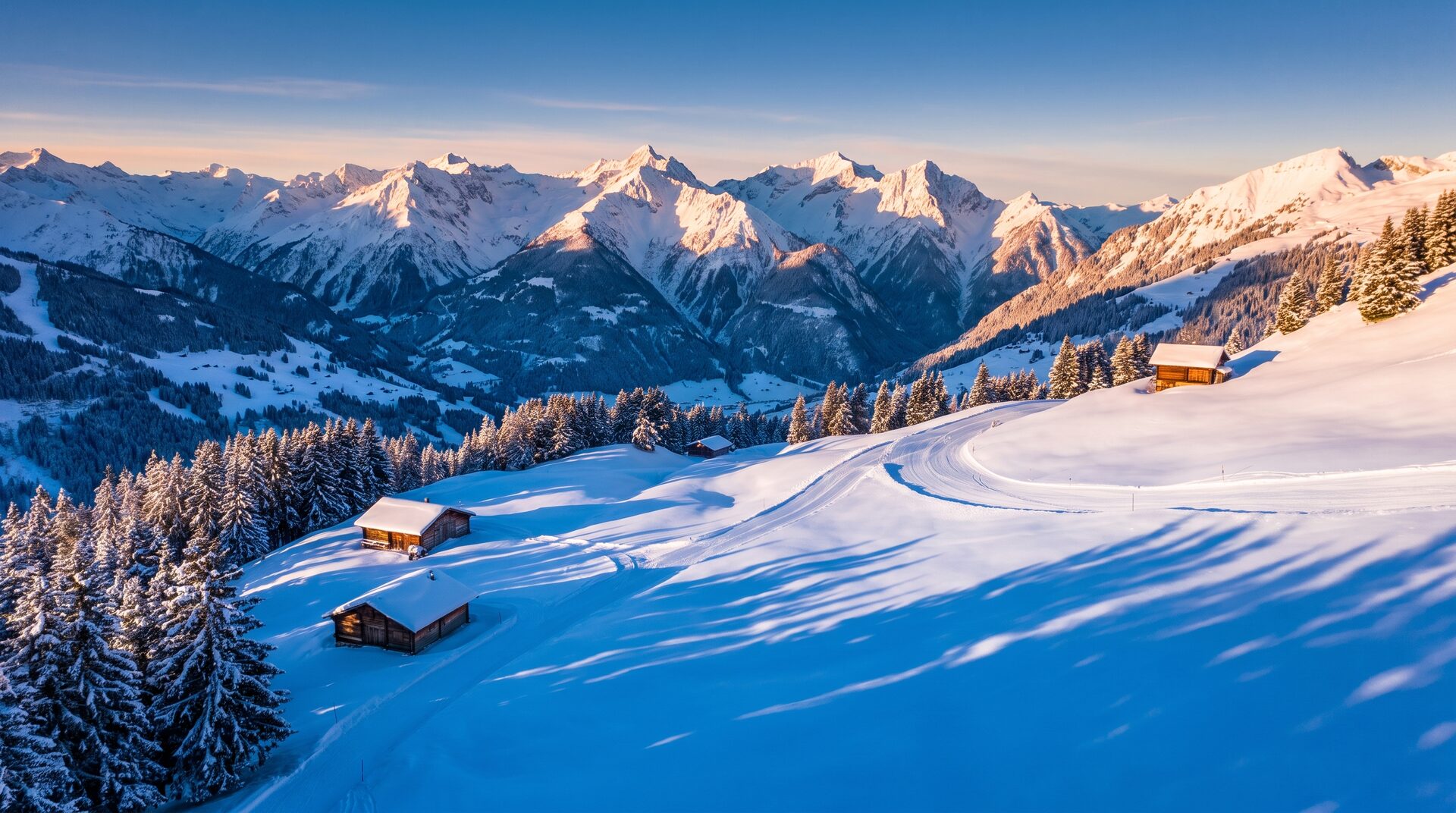FIRN – alpine Skipiste im Sonnenaufgang mit Pulverschnee