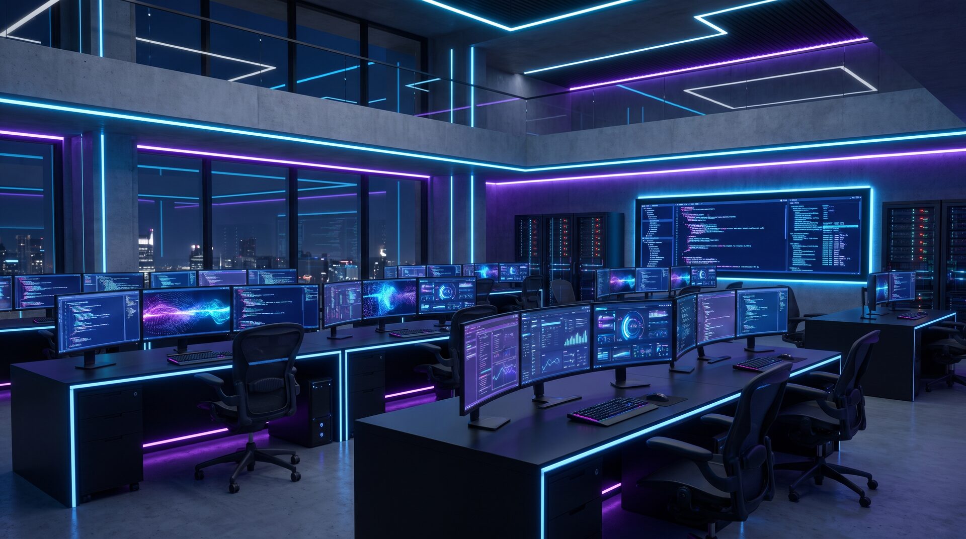 BITFORGE – dunkles Software-Studio mit leuchtenden Bildschirmen