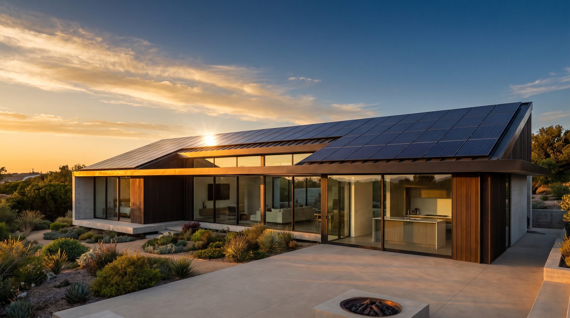 HELION – modernes Haus mit Solardach im goldenen Abendlicht