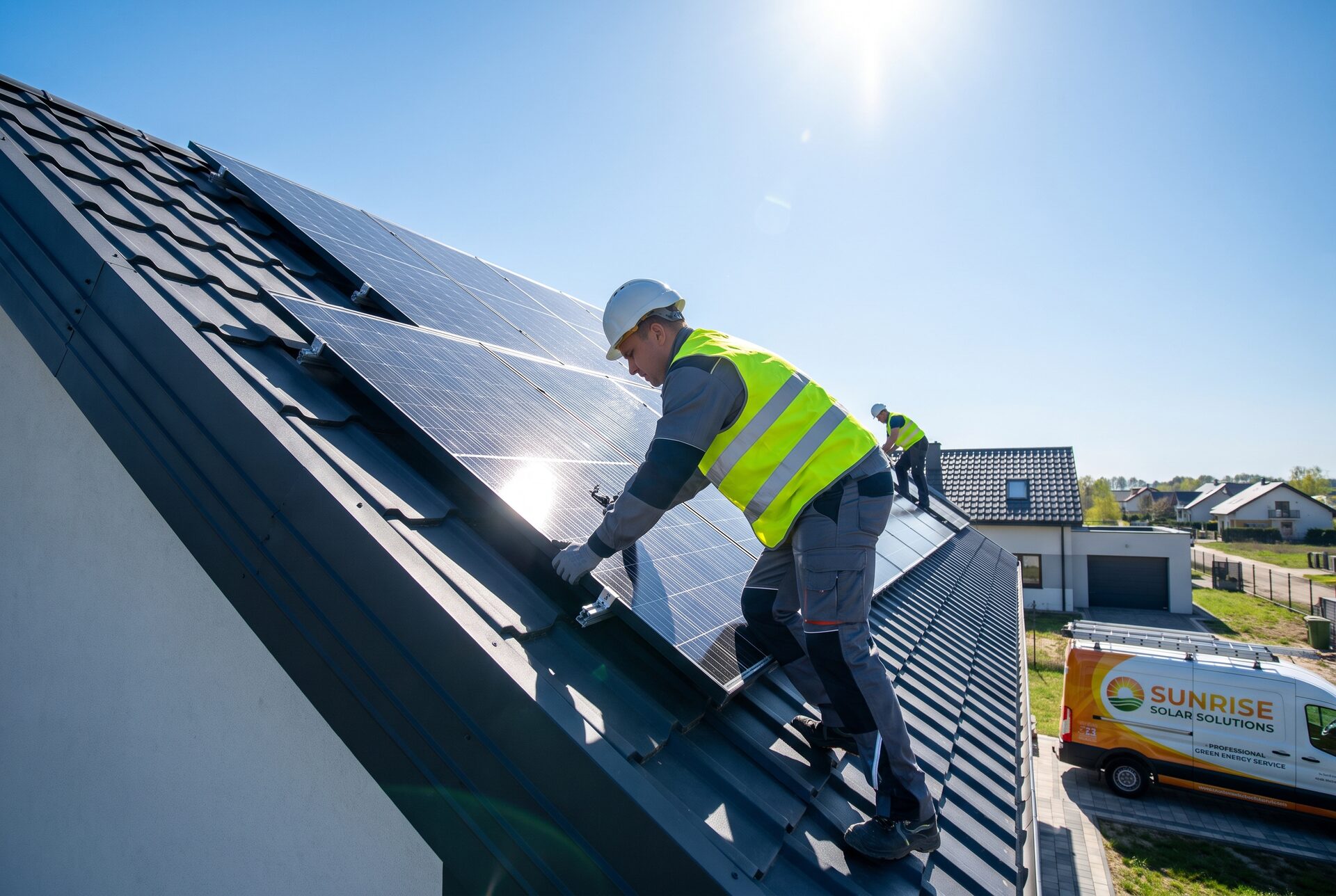 Monteur von HELION installiert Solarpanels auf einem Dach