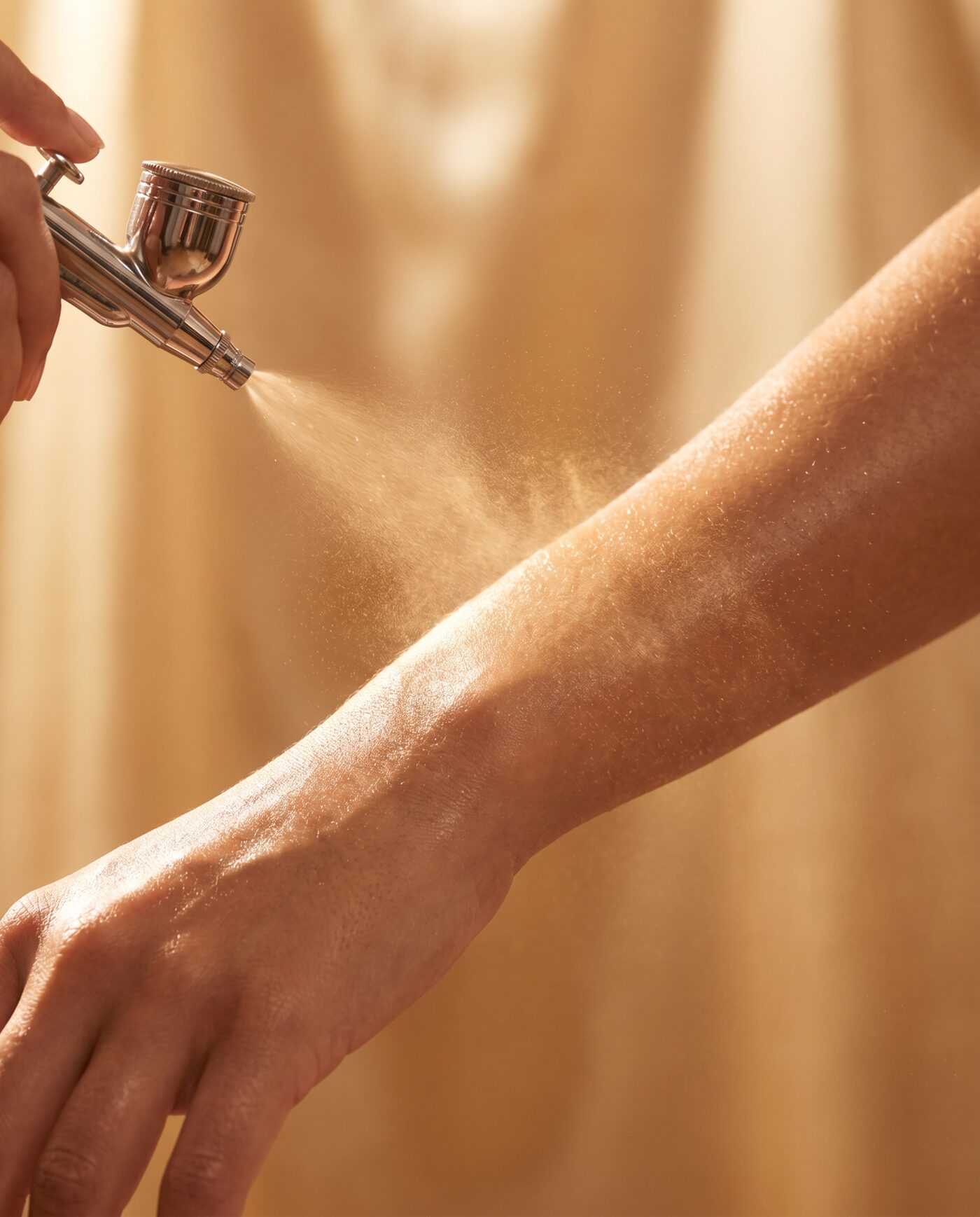 Goldener Beauty- und Spray-Tan-Detailmoment mit gepflegter, gebräunter Haut