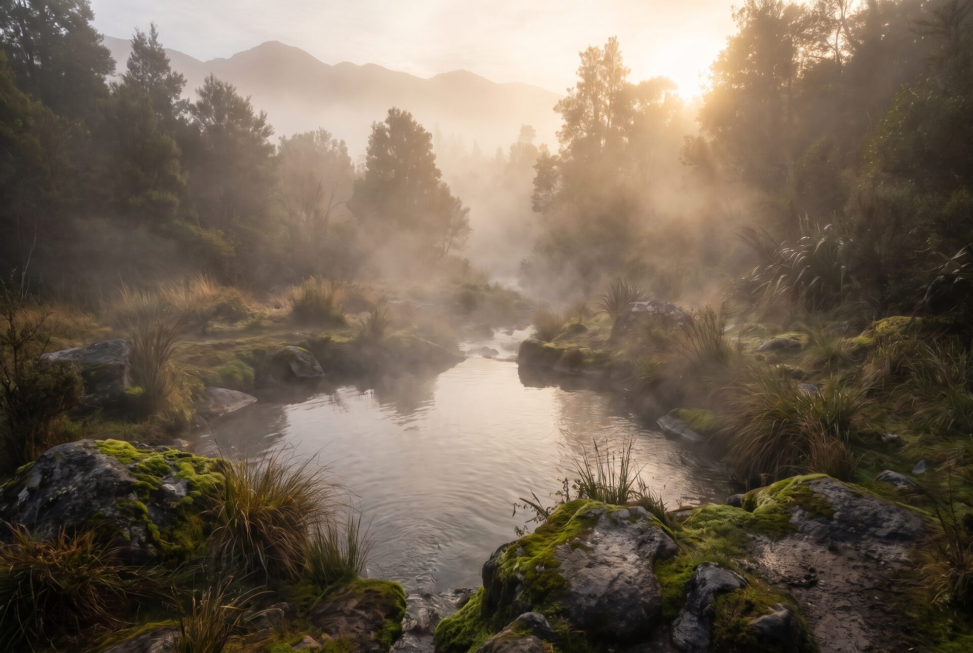 Dampfende Thermalquelle in einer stillen Berglandschaft am Morgen