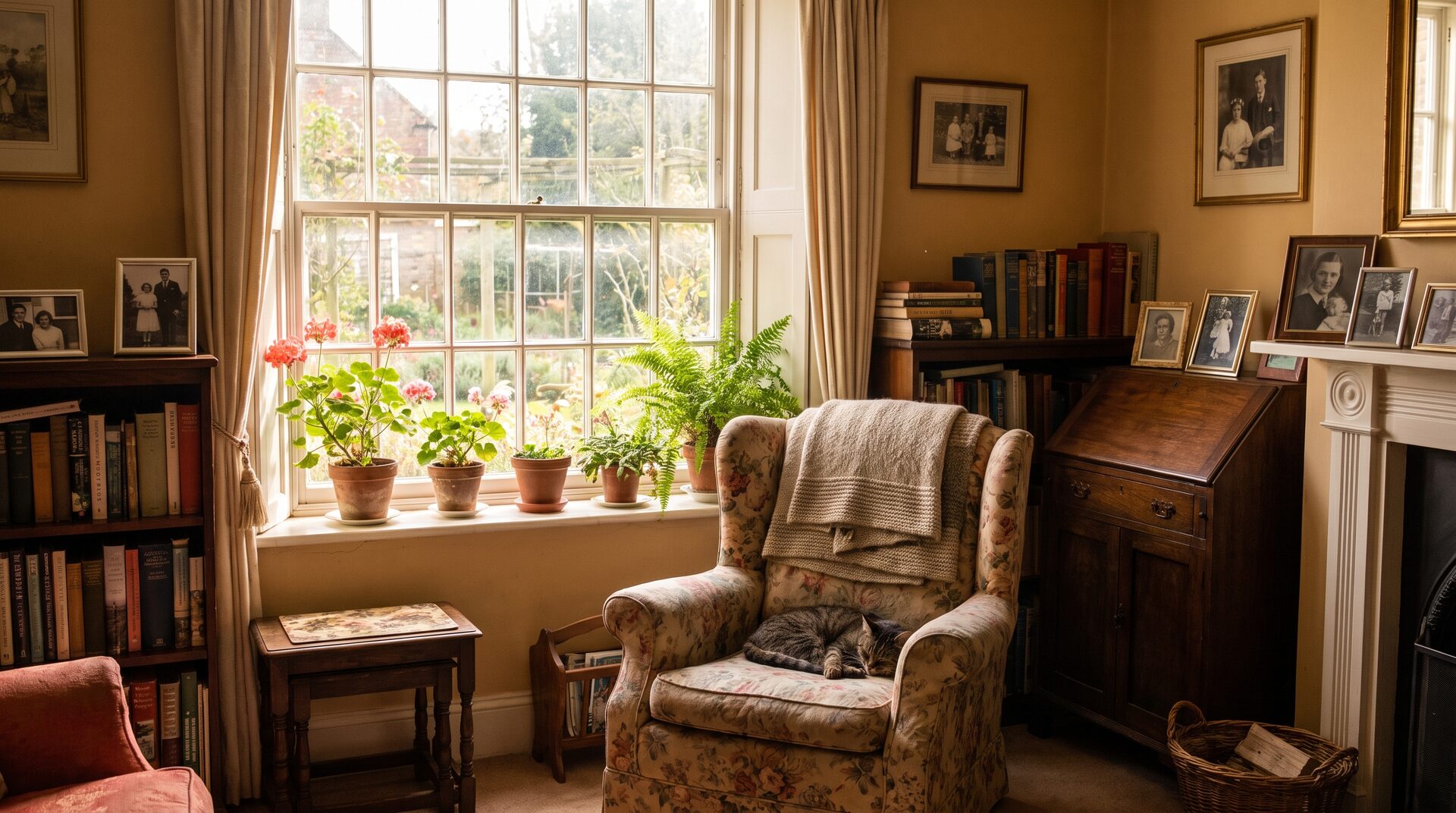 LINDENPFLEGE – helles Wohnzimmer mit Sessel am sonnigen Fenster