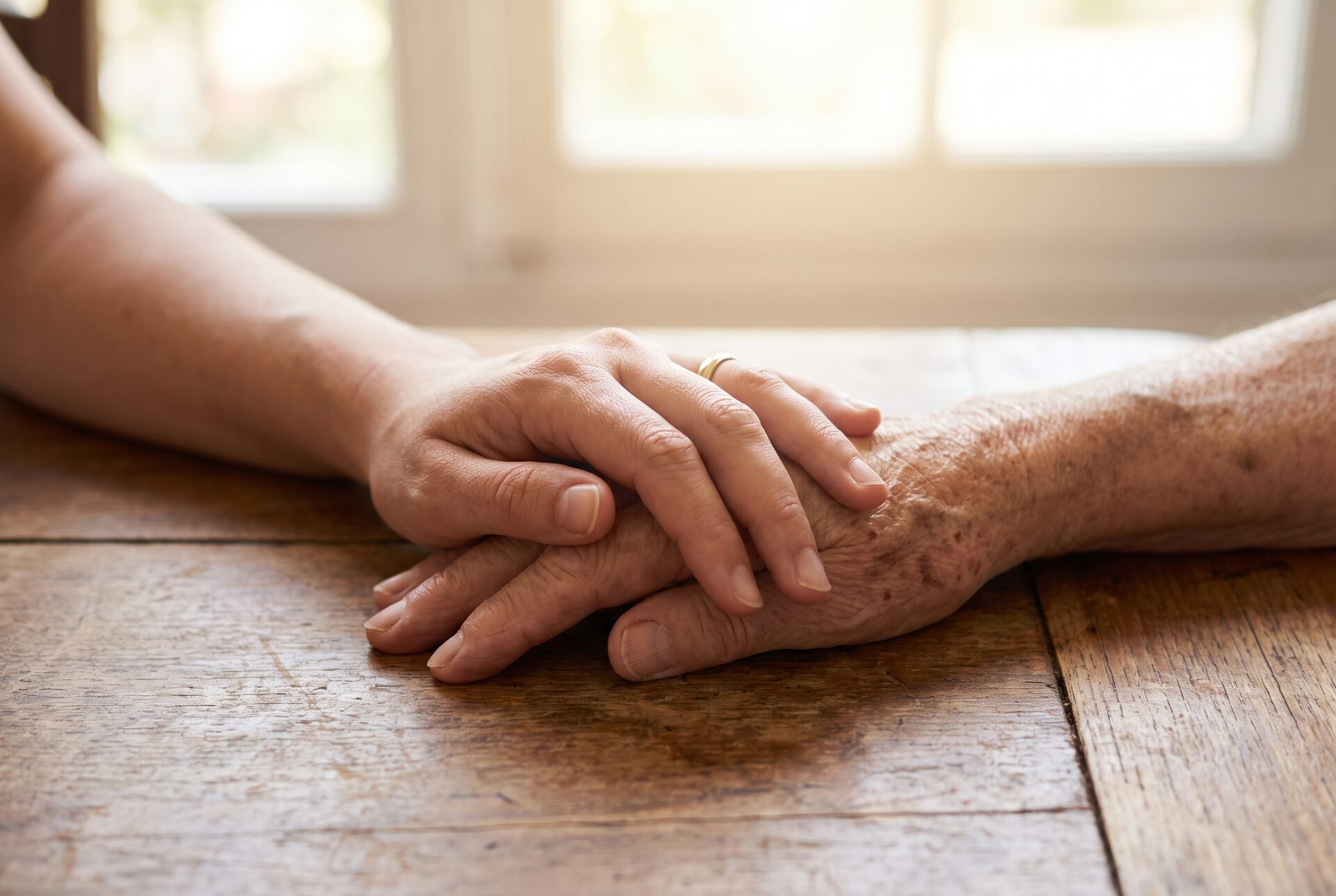 Junge Hand ruht unterstützend auf der Hand einer älteren Person